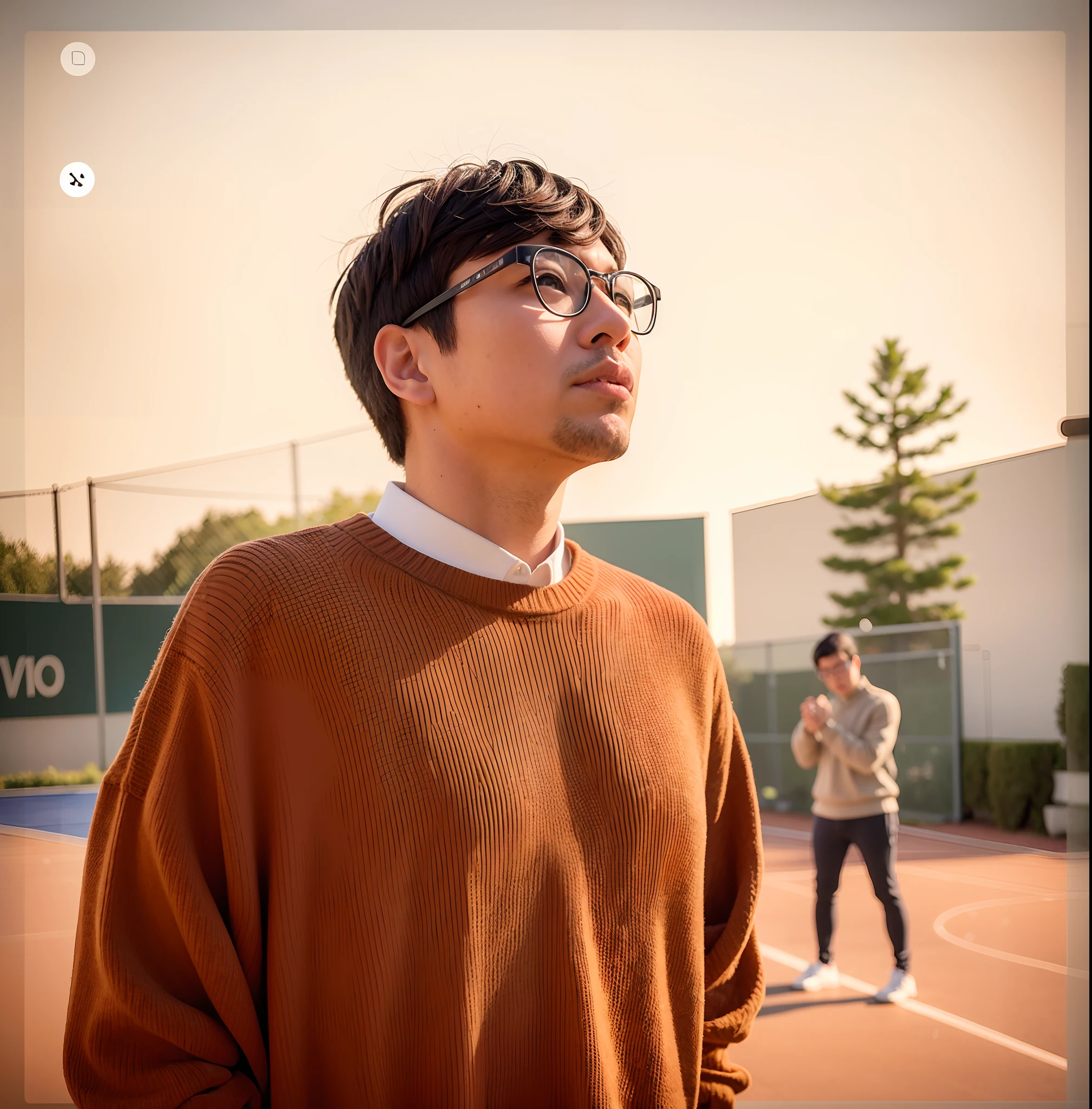There was a man in a sweater and glasses standing on a tennis court, Photography], inspired by Kim Eung-hwan, lofi portrait, [ Realistic photography ], photo taken with canon 5d, leica 8k still from an a24 film, 8 k film still, movie still 8 k, Shot on Canon EOS R 6, portrait shot 8 k