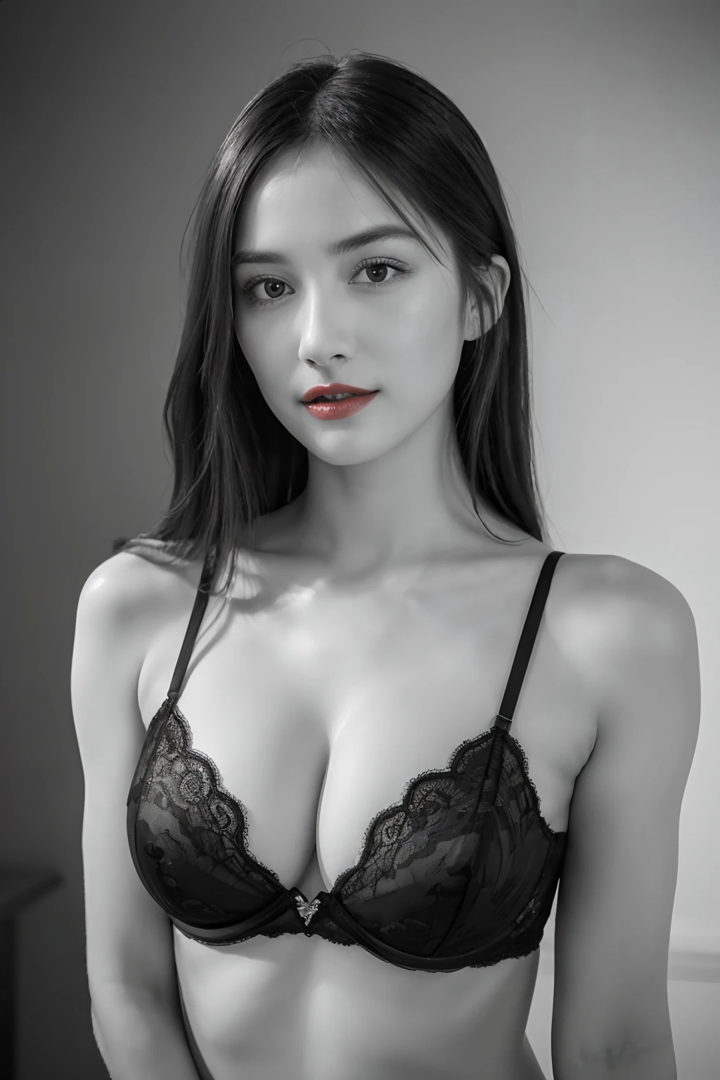 8k wallpaper, top-quality, masterpiece, realisitic, Photorealsitic, ultra-detailliert, RAW photo of a 29-year-old woman, (((Monochrome photography))), 1girl in, ((Facing the front)), well-shaped small breasts, Detailed clavicle, sexy underwear, bust-up photography, (((Only the lips are vermilion))), face perfect, straight haired