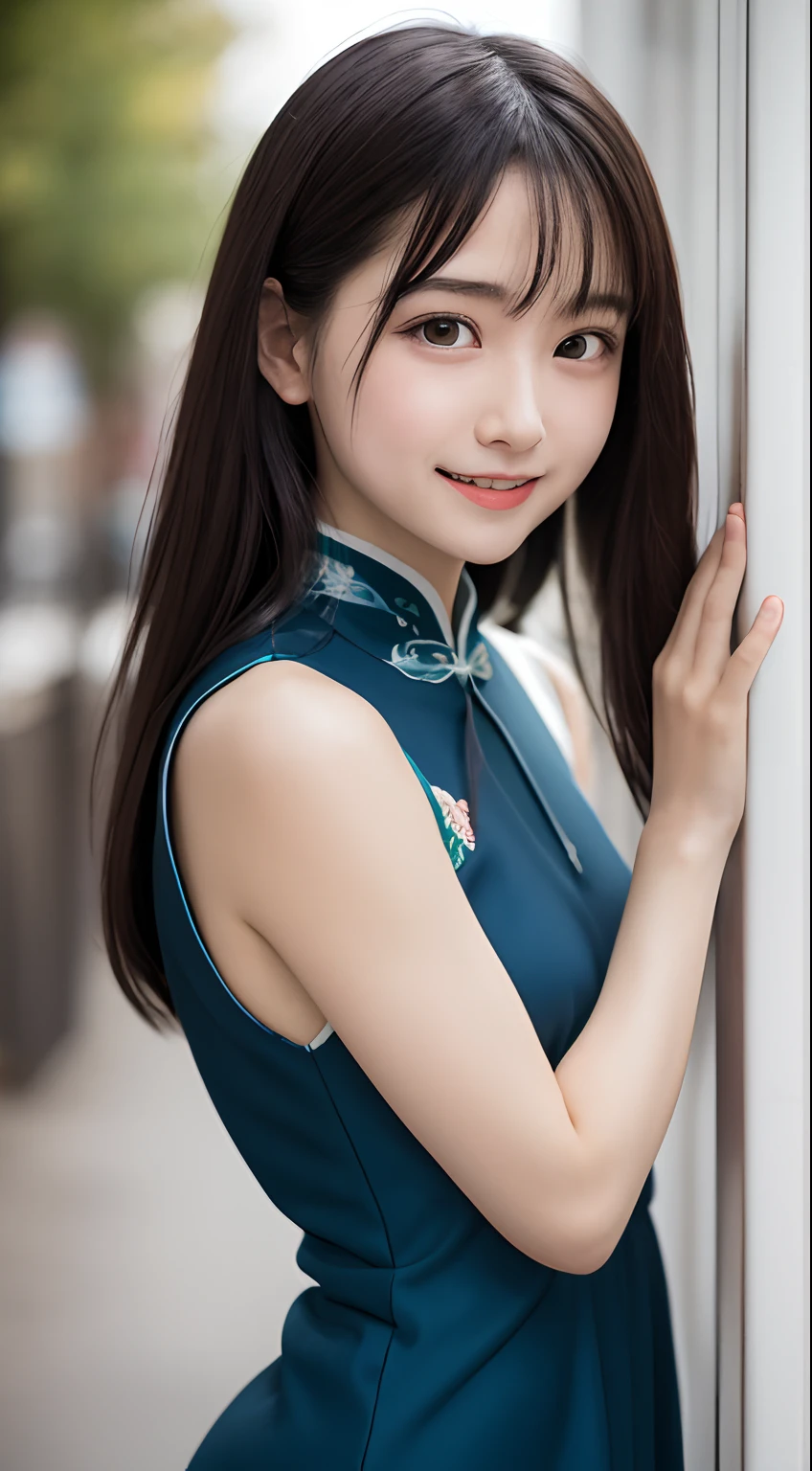 masutepiece, Best Quality, 8K, 10yaers old, Teen, Raw photo, absurderes, award winning portrait, Smile, Solo , Idol face, Delicate girl, Upper body, Digital SLR, Looking at Viewer, Candid, Sophisticated,Thin arms, Professional Lighting, Film grain, chromatic abberation, (Eyes and faces with detailed:1.0), (Bokeh:1.1) , (qipao dress:1.1) , closes mouth