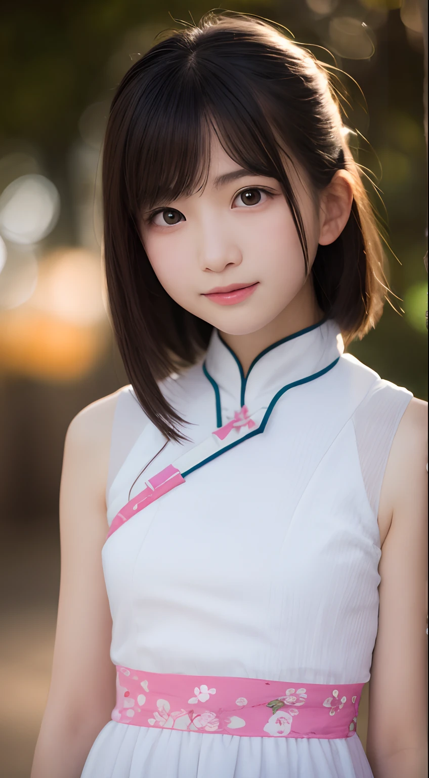 masutepiece, Best Quality, 8K, ers old, Teen, Raw photo, absurderes, award winning portrait, Smile, Solo , Idol face, Delicate girl, Upper body, Digital SLR, Looking at Viewer, Candid, Sophisticated,Thin arms, Professional Lighting, Film grain, chromatic abberation, (Eyes and faces with detailed:1.0), (Bokeh:1.1) , (qipao dress:1.1) , closes mouth