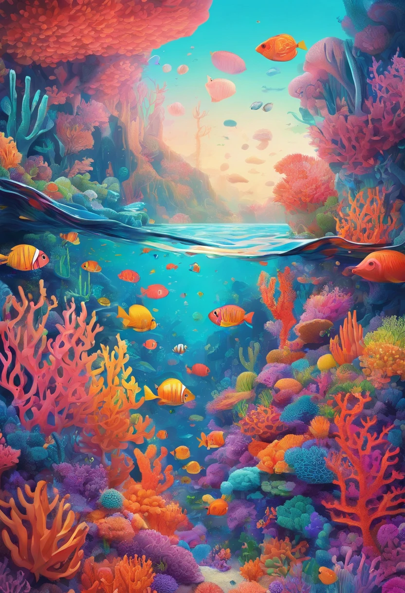 Colorful coral reefs，（（Underwater Kingdom）），Glowing underwater plants，Yayoi Kusama，Dreamy，Dreamlike scenery，Various seabed creatures，Rich in color，Colorful colorful，