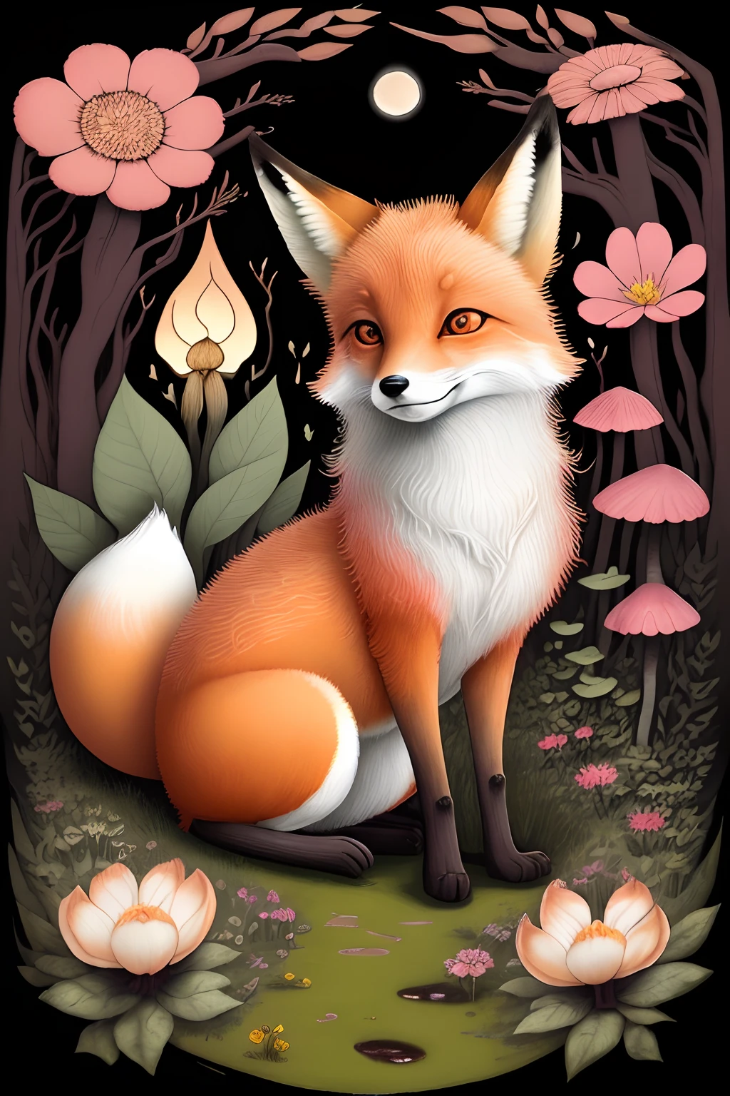 oil-painting, a cute fox in a beautiful forest with fungus and flowers, close up, centered image, ultra detailed illustration, (tetradic colors), whimsical, enchanting, fairy tale, (ink lines:1.1), strong outlines, art by MSchiffer, bold traces, unframed, high contrast, (cel-shaded:1.1), vector, 32k resolution, best quality, flat colors, flat lights
