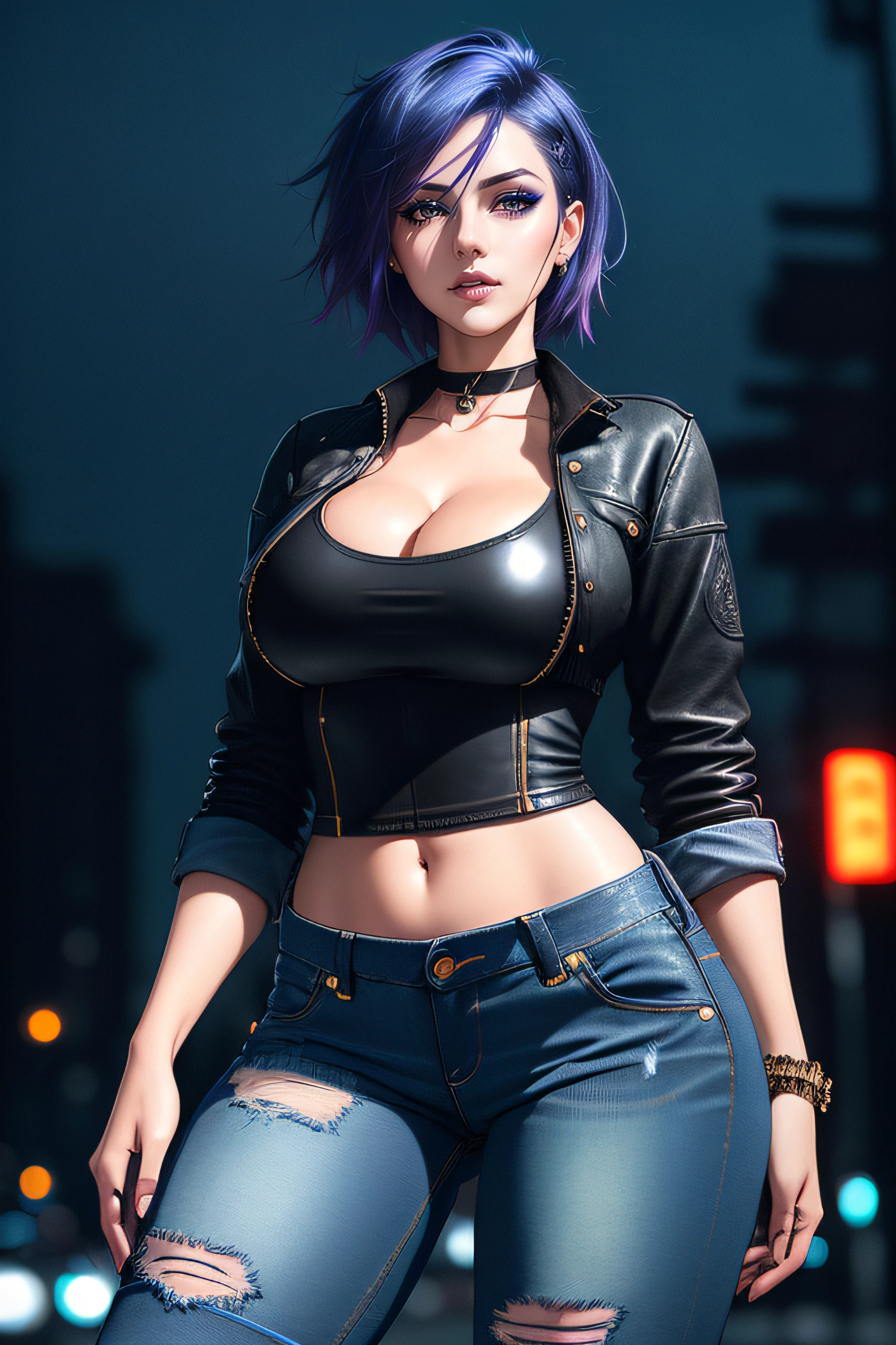 beautiful girl, full body, short bright blue dishevelled hair, black eyeshadow, (street style wear:1.2), ((tight fitted denim jeans)), ((knee high leather boots)), (deep cleavage), (dark city night background:1.2), dark makeup, digital art, trending on artstation, highly detailed, fine detail, intricate,  beautiful detailed glow, detailed, Cinematic light, high-res, detailed facial features, sharp focus, smooth, aesthetic,