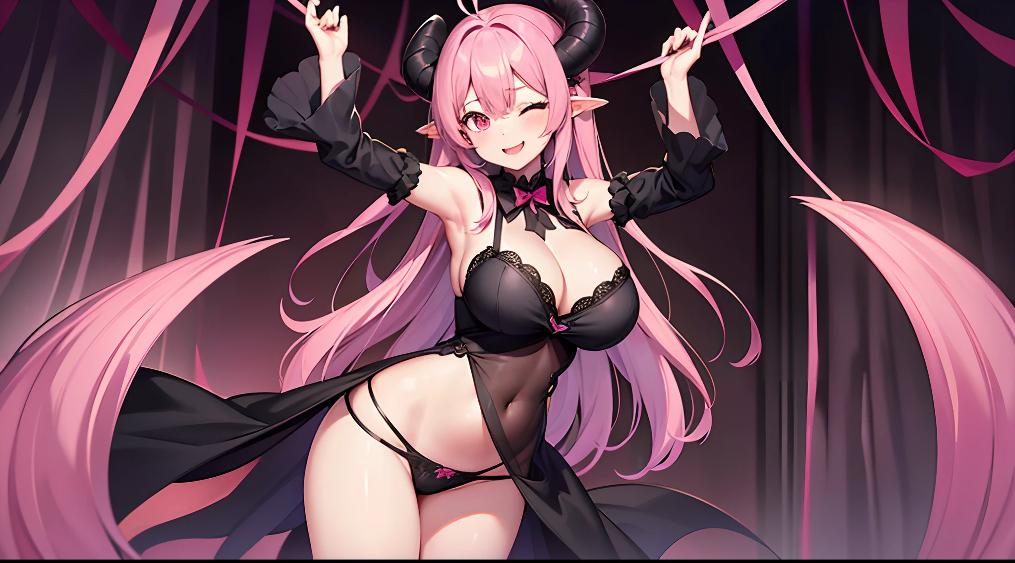 1 girl, game CG, 1 girl, game CG, see-through black dress, cleavage visible, navel visible, black panties, devil's tail, devil's horns, gigantic breasts, pink hair, long hair, straight hair, ahoge, pink eyes, Indoors, Halloween background, one eye closed, smiling, mouth open, one arm up,