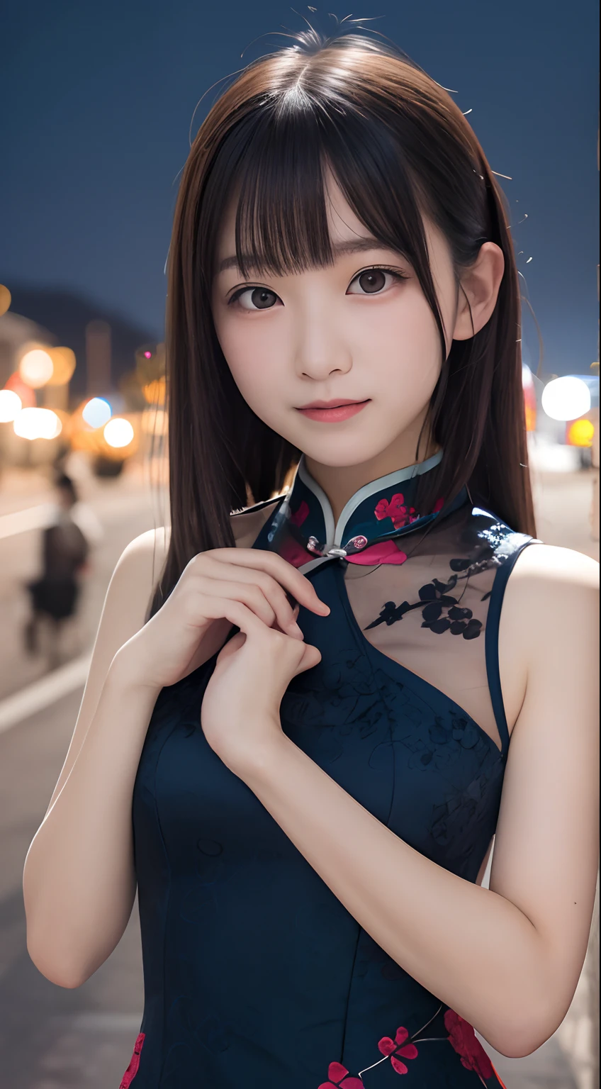 masutepiece, Best Quality, 8K, 8ers old, Teen, Raw photo, absurderes, award winning portrait, Smile, Solo, (Night:1.8), Idol face, Delicate girl, Upper body, Digital SLR, Looking at Viewer, Candid, Sophisticated,Thin arms, Professional Lighting, Film grain, chromatic abberation, (Eyes and faces with detailed:1.0), (Bokeh:1.1) , (qipao dress:1.1) , closes mouth