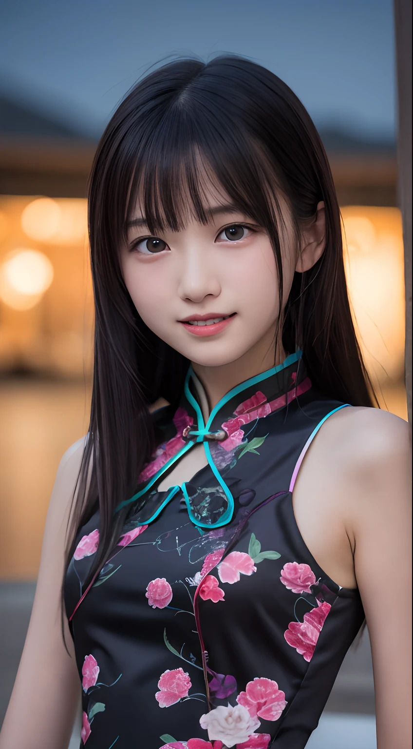 masutepiece, Best Quality, 8K, 8yaers old, Teen, Raw photo, absurderes, award winning portrait, Smile, Solo, (Night:1.8), Idol face, Delicate girl, Upper body, Digital SLR, Looking at Viewer, Candid, Sophisticated,Thin arms, Professional Lighting, Film grain, chromatic abberation, (Eyes and faces with detailed:1.0), (Bokeh:1.1) , (qipao dress:1.1) , closes mouth