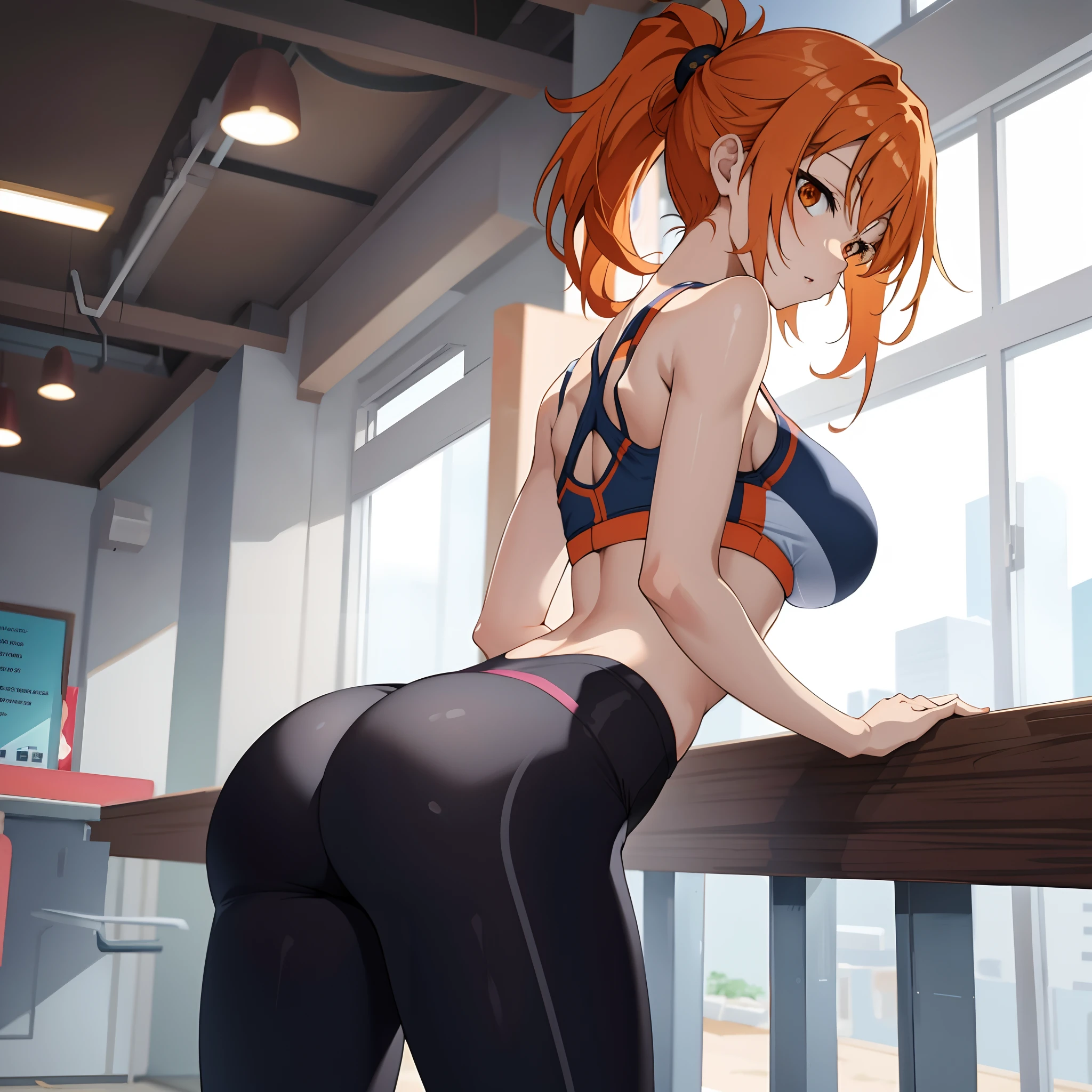 anime girl, orange hair, large breasts, skinny, sexy, yoga pants, cowboy shot, sports bra, seductive, hands on ass, view from side, back arch, big ass, bending over