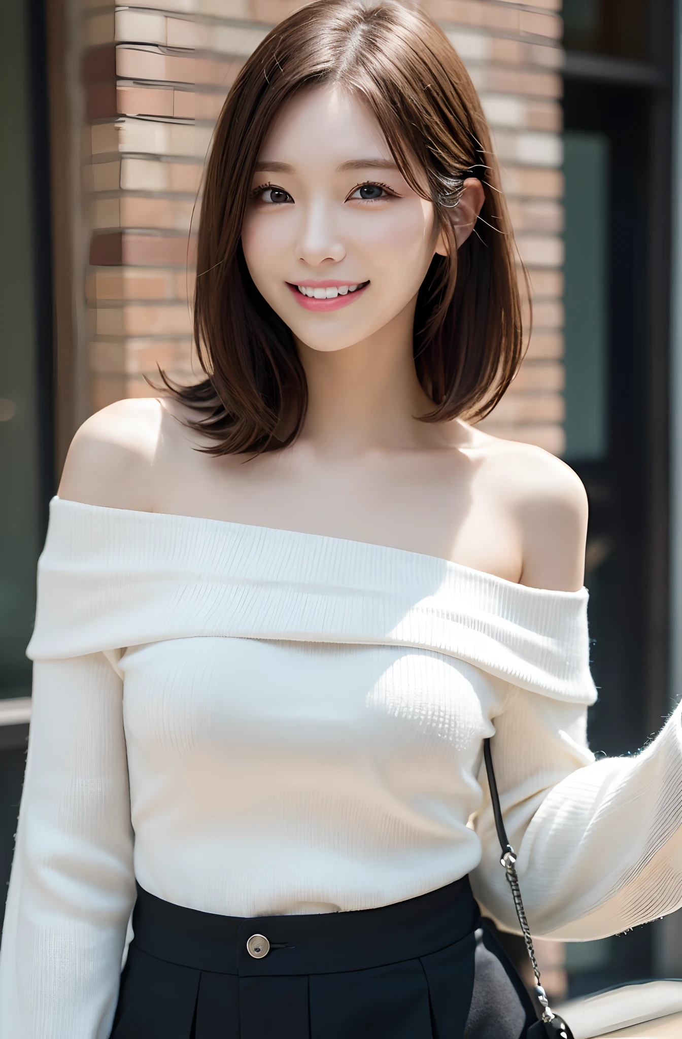 (masutepiece:1.5)、(top-quality:1.5)、(16k wallpaper:1.2)、(Photorealsitic:1.2)、(ultra-detailliert:1.2)、(超A high resolution:1.2)、(Cool Men:1.8)、(Shopping for couples:1.3)、Inside the shop、super-detaild skin、Detailed and clean eyes、Natural Color Lip、(White off-shoulder knit:1.2)、Black leather miniskirt and knee-length boots、Semi-long bob hair、large full breasts、Shy smile、Crowd of men