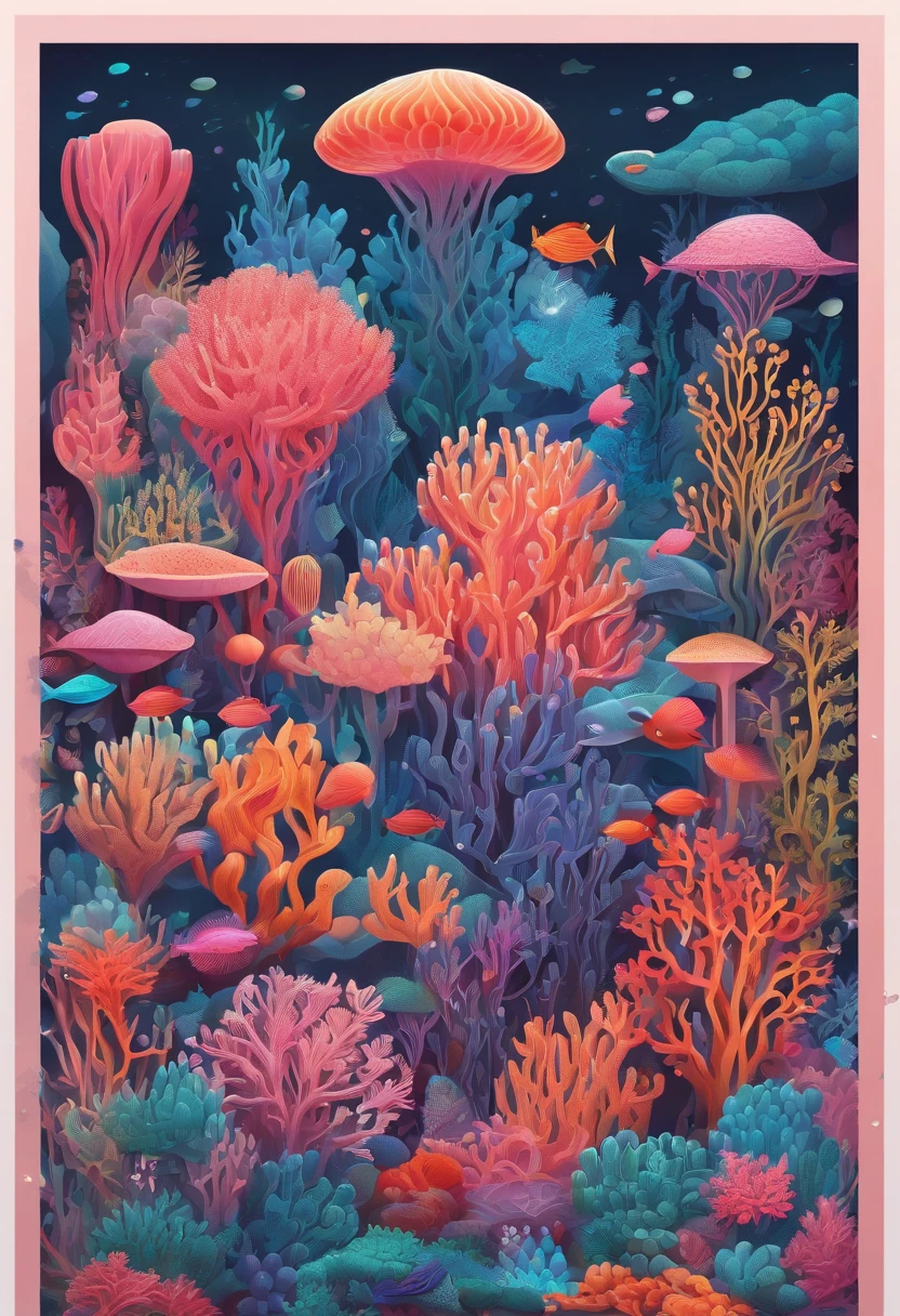 Colorful coral reefs,((Underwater Kingdom)),Glowing underwater plants,Yayoi Kusama,Dreamy,Dreamlike scenery,Various seabed creatures,Rich in color,Colorful colorful,