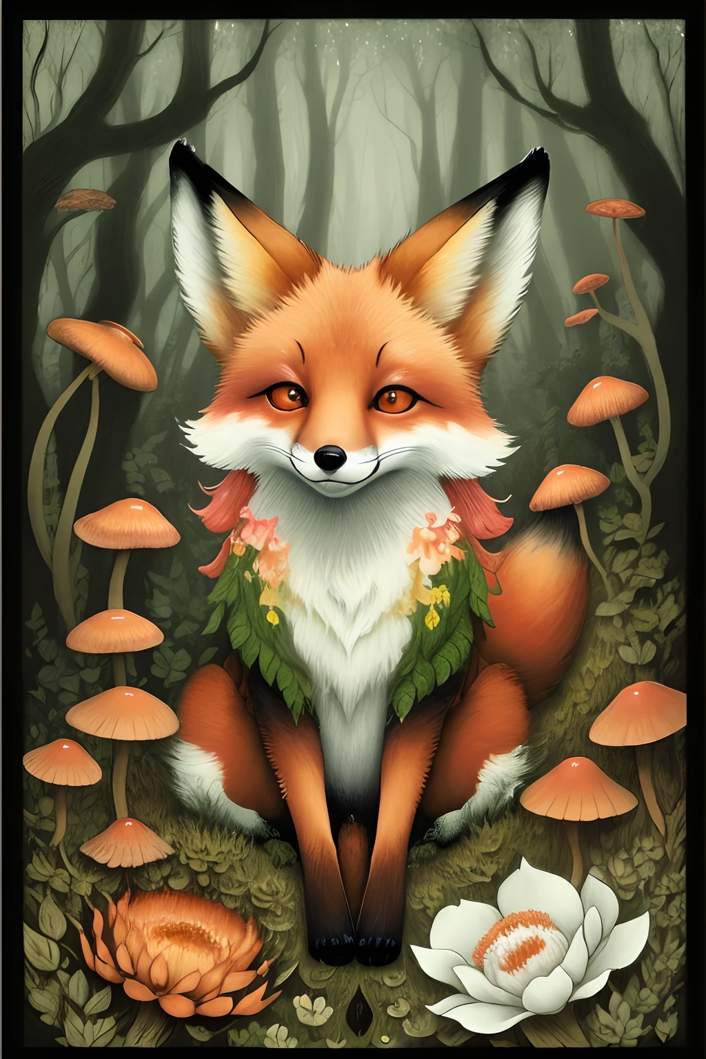 oil-painting, a cute fox in a beautiful forest with fungus and flowers, close up, centered image, ultra detailed illustration, (tetradic colors), whimsical, enchanting, fairy tale, (ink lines:1.1), strong outlines, art by MSchiffer, bold traces, unframed, high contrast, (cel-shaded:1.1), vector, 32k resolution, best quality, flat colors, flat lights