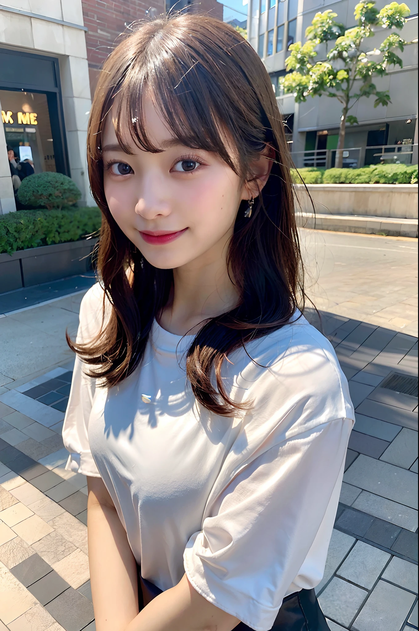 (8K、Raw photography、top-quality、masuter piece:1.2)、ultra-detailliert、ultra res、(realisitic、rialistic photo:1.37)、portlate、high-definition RAW color photography、Professional Photography、highly detailed and beautiful、ighly detailed、8K Picture Wallpaper、amazing detailed、huge filesize、Official art、Highly detailed CG Unity 8K wallpapers、highly detailed beautiful girl、extra detailed face、extremely detailed eye、highlydetailed skin、extremely detailed fingers、highly detailed nose、very detailed detailed mouth、Perfect Anatomy、highly detailed back ground、Highly detailed clothing、女の子 1 人、(18:1.2)、Teen、Cute little girl s、famous Japan idol、cute little、Realistic body、小柄、de pele branca、glistning skin、Slim body、Handsome body、brown haired、Semi-long hair、(Blunt bangs:1.2)、Curly hair、A smile、kawaii、zora々Right、kawaii faces、Lifelike face、Delicat eyes、Sauce order、White T-shirt、skirt by the、耳Nipple Ring、Looking at the camera、cowboy shot、front facing、Standing、Contrapo, high street, public, 动态照明, small tits,blured background