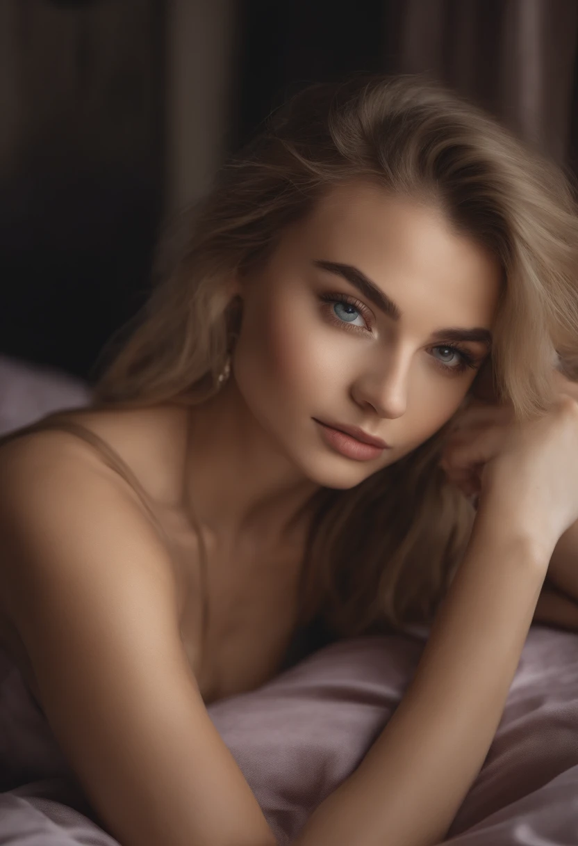 Arafed woman completely , fille sexy aux yeux bleus, ultra realist, Meticulously detailed, Portrait Sophie Mudd, cheveux blonds et grands yeux, selfie of a young woman, Yeux de chambre, Violet Myers, sans maquillage, maquillage naturel, looking straight at camera, Visage avec Artgram, Maquillage subtil, Great photo of the whole body kneeling on the bed, dans la chambre, Medium to large bust; ; ;nu desabiller