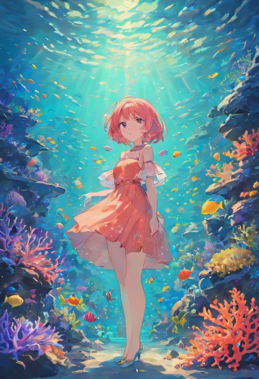 Colorful coral reefs,((Underwater Kingdom)),Glowing underwater plants,Yayoi Kusama,Dreamy,Dreamlike scenery,Various seabed creatures,Rich in color,Colorful colorful,