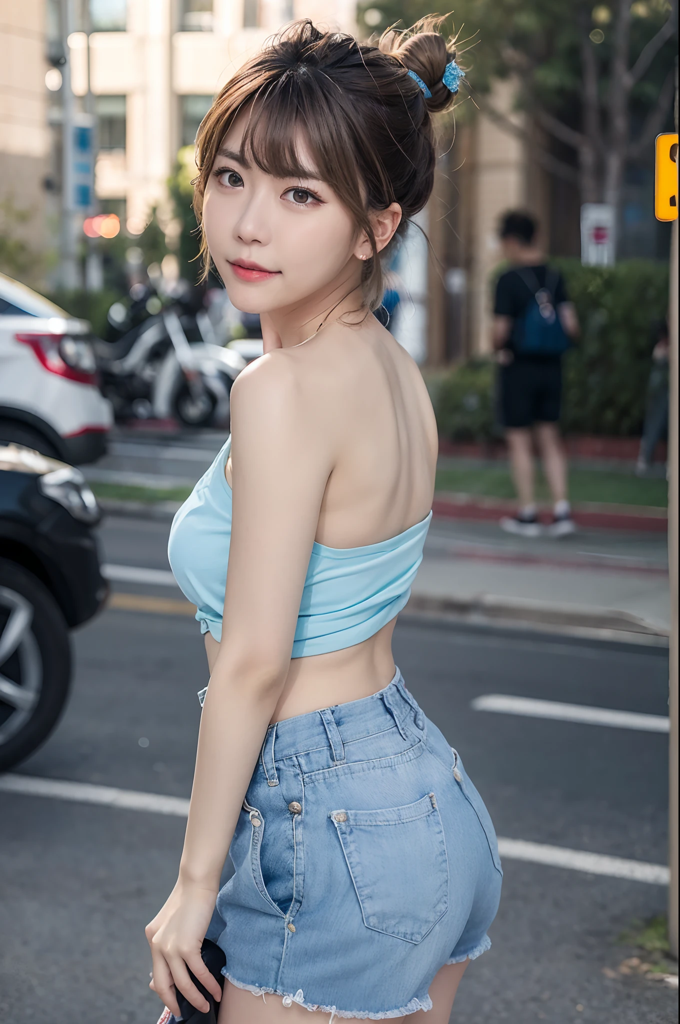 （8k，RAW photos，best qualtiy，tmasterpiece：1.2），（realisticlying，realisticlying：1.37），best qualtiy，超高分辨率，NFSW backlight，light  leaks，动态照明，slim，Smooth skin，（pureerosface_v1：1），Bond，nabel，Kpop idol，（beatiful detailed eyes：1），（beautifull detailed face：1），（freebuffing：1.2），exteriors，ulzzang-6500，1girll，standing on your feet，The upper part of the body,,, from the front side，up front view，looking at viewert，， Arms behind your back，the street，rays of sunshine，full bodyesbian，looks into camera。ultra-clear。k hd。4k