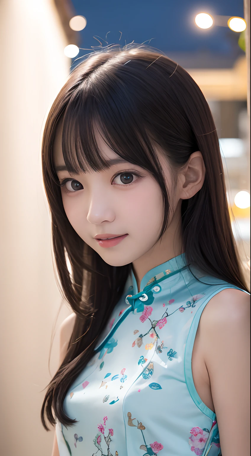 masutepiece, Best Quality, 8K, 8years old, Teen, Raw photo, absurderes, award winning portrait, Smile, Solo, Idol face, Delicate girl, Upper body, Digital SLR, Looking at Viewer, Candid, Sophisticated,Thin arms, Professional Lighting, Film grain, chromatic abberation, (Eyes and faces with detailed:1.0), (Bokeh:1.1) , (Glamorous cheongsam:1.1) , closes mouth , A dark-haired , drooing eyes , large full breasts , (Thick lip:1.2) , 15-year-old face , red-lips , de pele branca