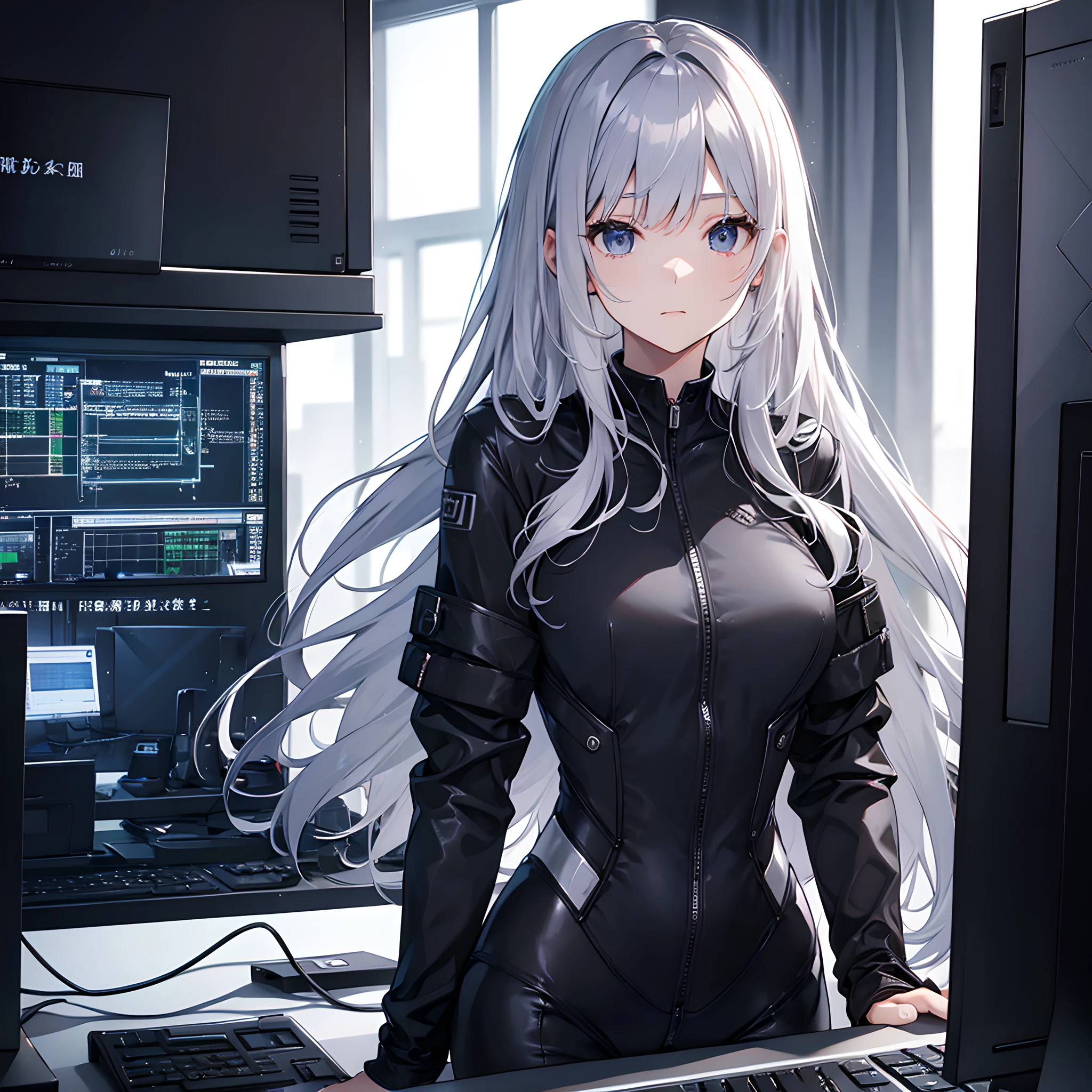 hacker,1girl in,coyote,backs,white  hair,illustratio,Multiple monitors