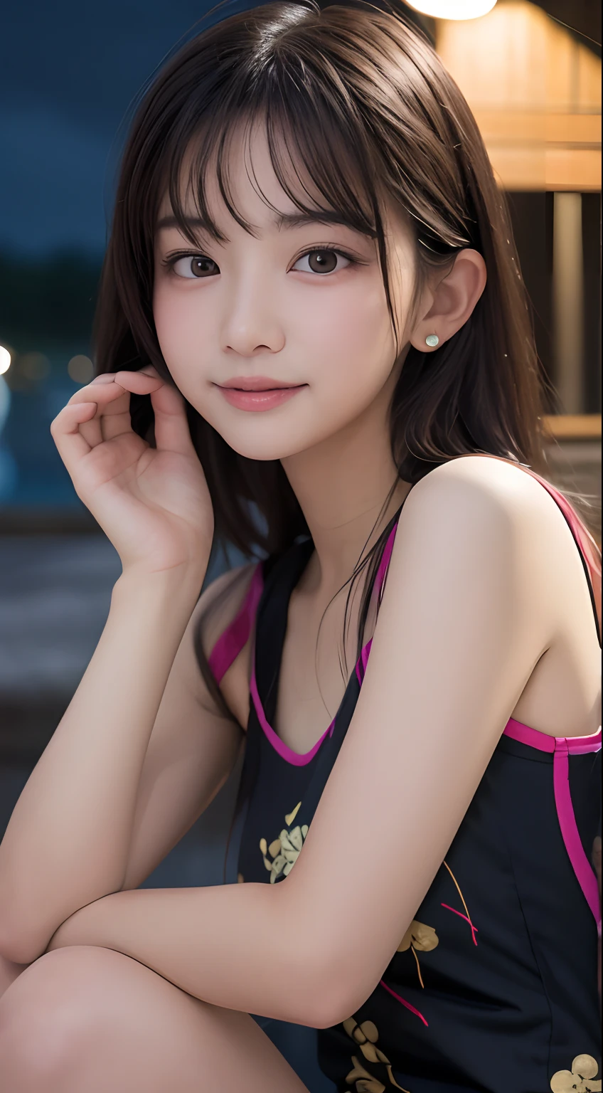 masutepiece, Best Quality, 8K, 8yaers old, Teen, Raw photo, absurderes, award winning portrait, Smile, Solo, (Night:1.8), Idol face, Delicate girl, Upper body, Digital SLR, Looking at Viewer, Candid, Sophisticated,Thin arms, Professional Lighting, Film grain, chromatic abberation, (Eyes and faces with detailed:1.0), (Bokeh:1.1) , (qipao dress:1.1) , closes mouth