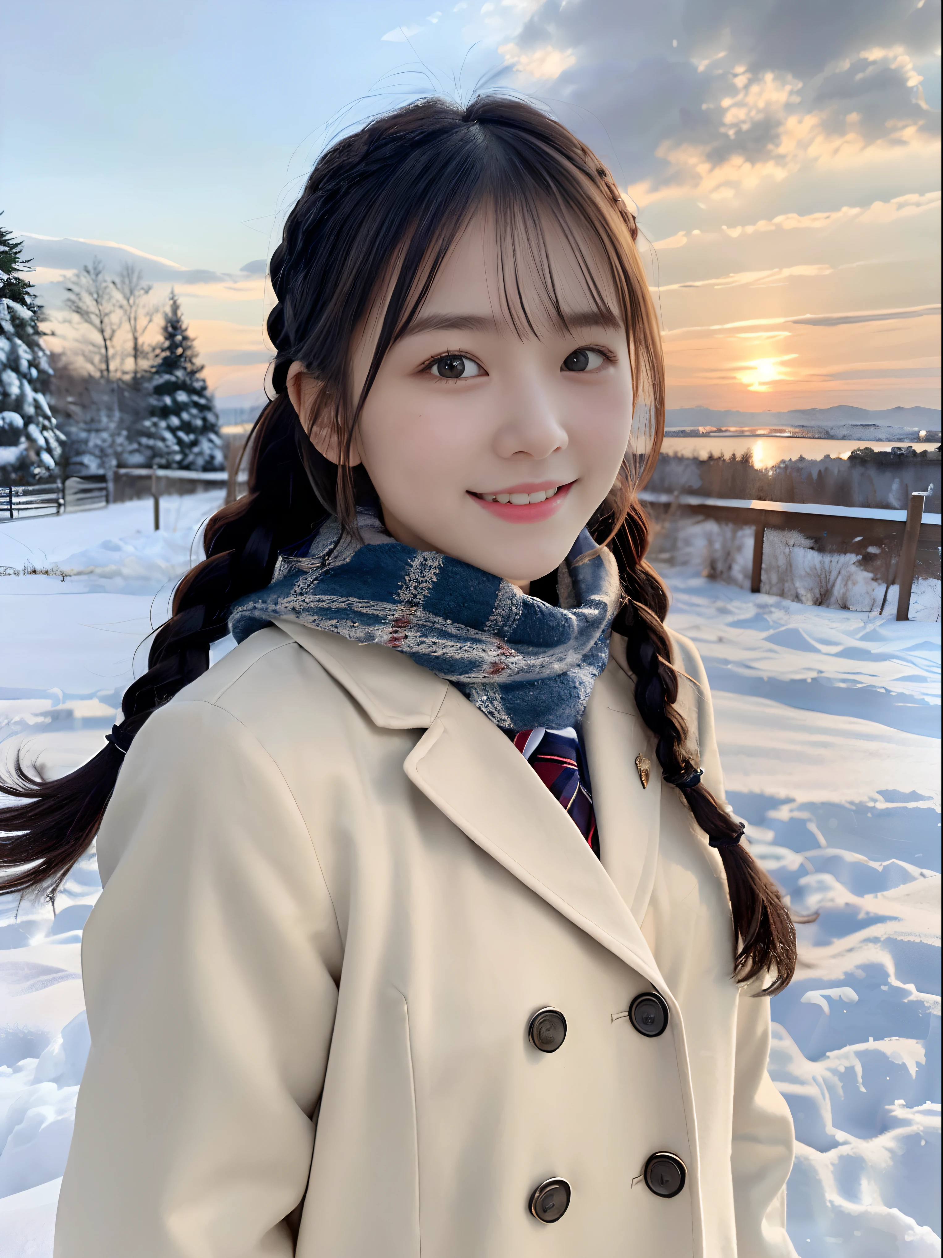 (Close up portrait of one girl with slender small breasts and twin braid long hair in a coat over a winter school uniform and a scarf :1.5)、(One girl with little smile and hair fluttering in the wind :1.3)、(Beautiful snowy sunset sky:1.5)、(Perfect Anatomy:1.3)、(No mask:1.3)、(complete fingers:1.3)、Photorealistic、Photography、masutepiece、top-quality、High resolution, delicate and pretty、face perfect、Beautiful detailed eyes、Fair skin、Real Human Skin、pores、((thin legs))、(Dark hair)