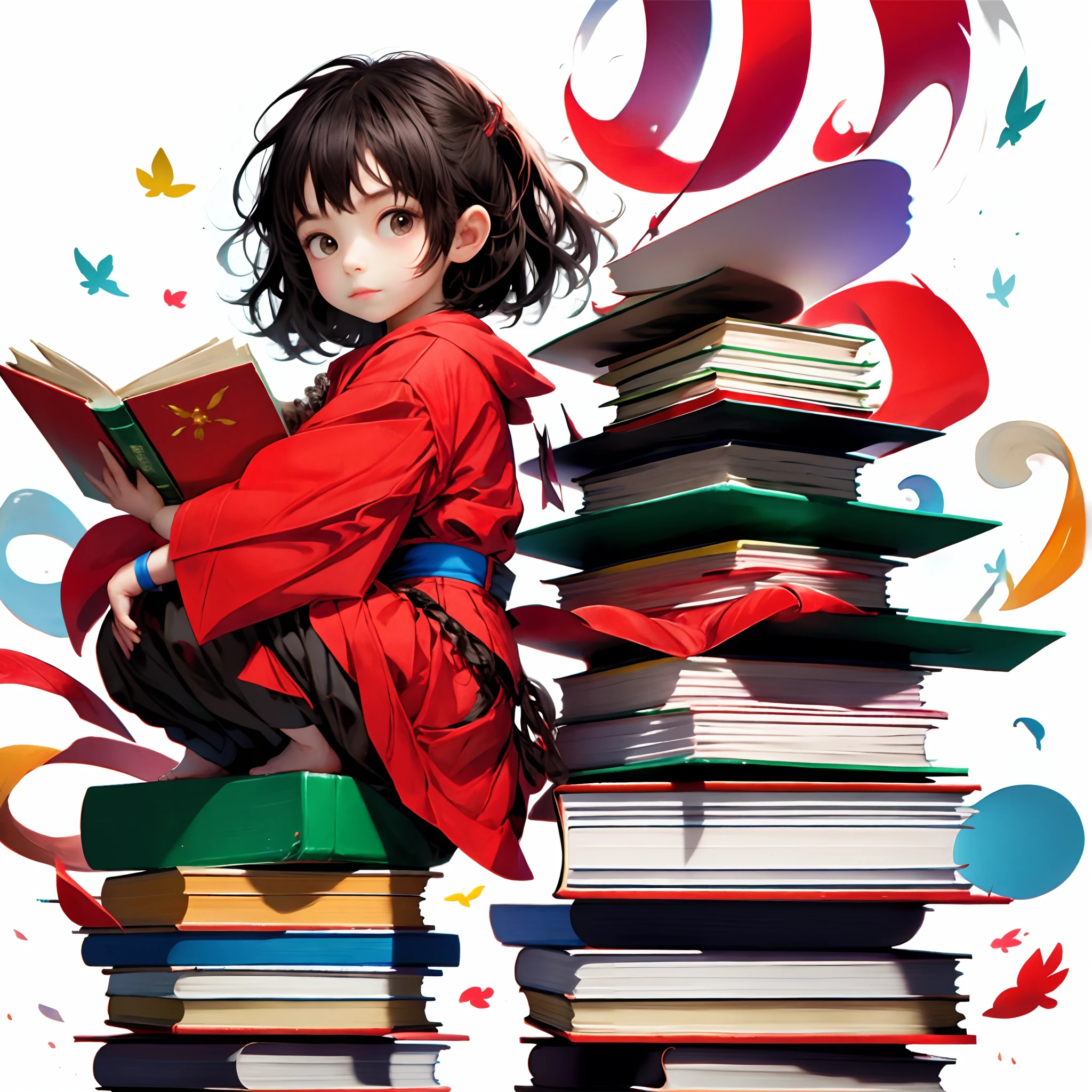 4 year old girl, sitting on a stack of books, white background