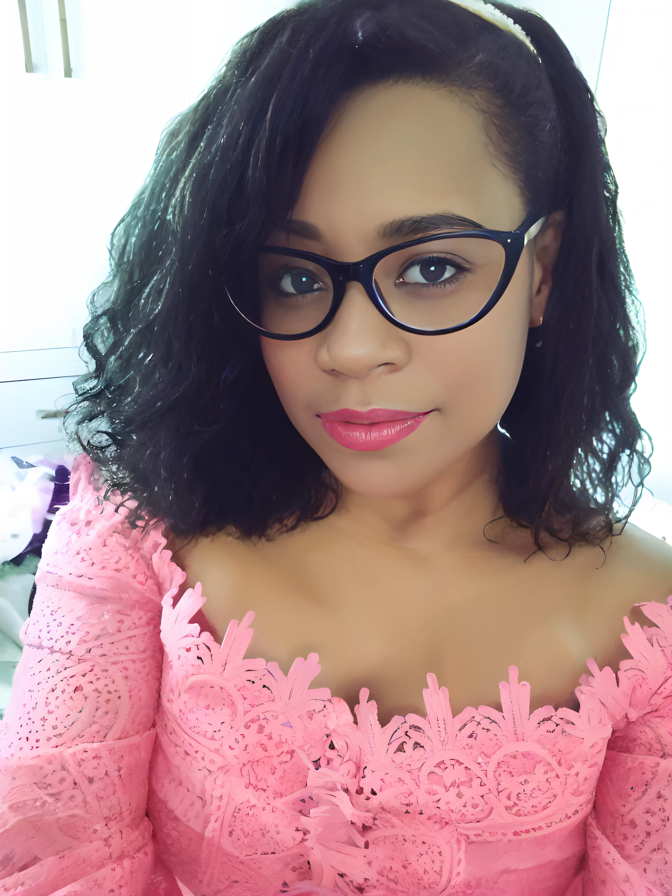 there is a woman with glasses and a pink dress posing for a picture, wearing a pink dress, beautifully lit, pink vibe, profile picture, profile image, pink lips, inspired by Chinwe Chukwuogo-Roy, dressed in a pink dress, pink glasses, looking off to the side, 40 years old women, medium head to shoulder shot, beautiful
