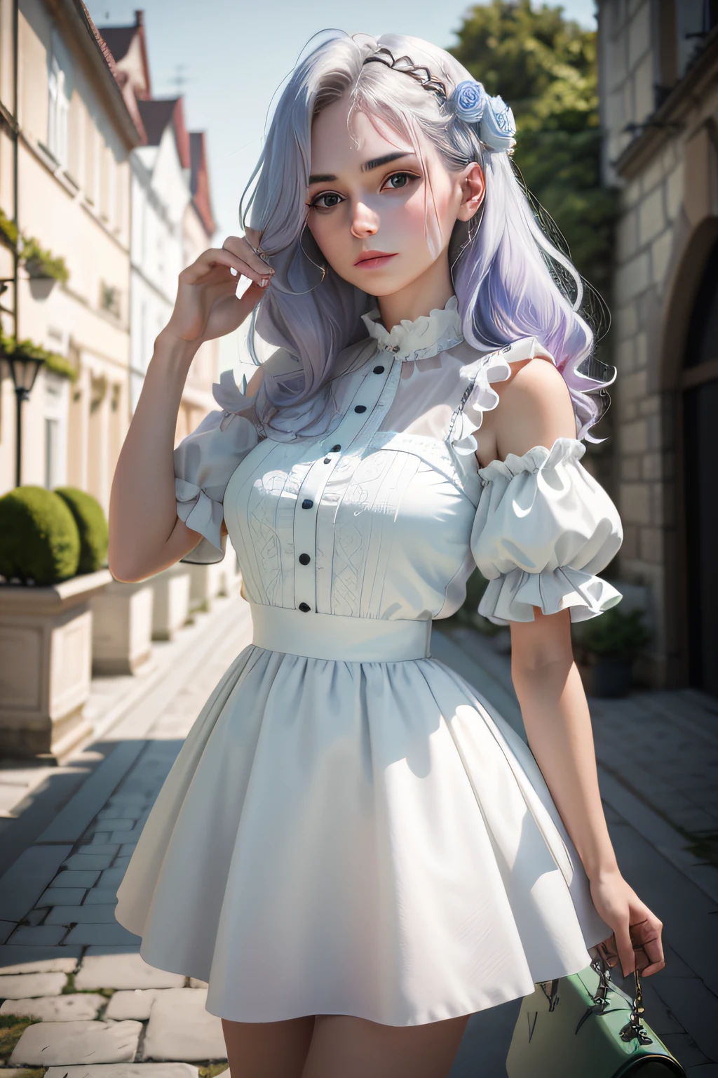 Masterpiece, Quality Bset, Realstic, 1femme , (pureerosface_v1:0.7), (8k, Best quality), jeune fille, 25 ans, Le visage de linnocence, Joues roses, look tombant, hair stuck, (clivage) white Clothes, realistic skin, parc , yeux vert , cheveux lavende pastel , vue de dos