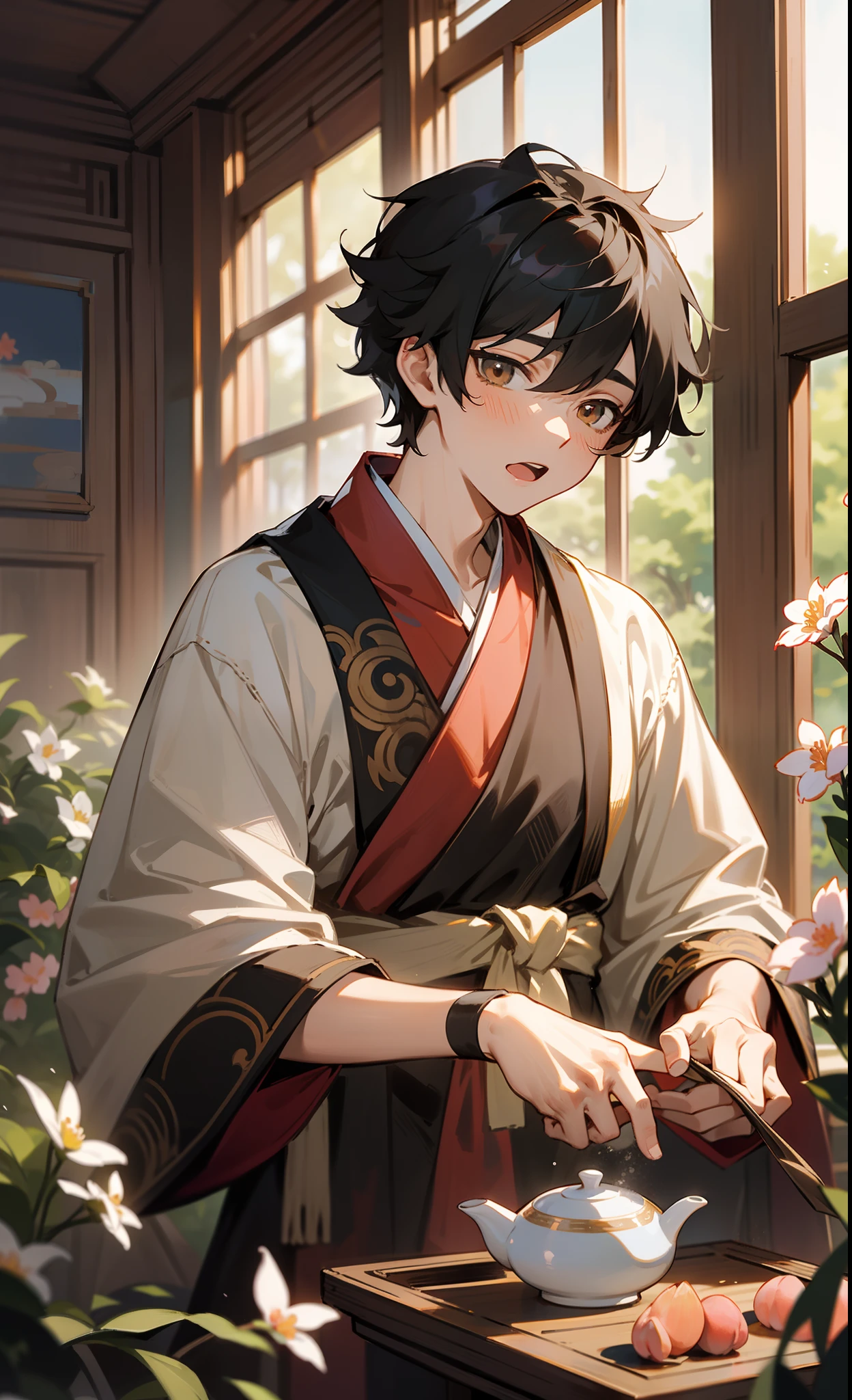 Anime style, ancient style, a black-haired boy, wearing a brown Chinese costume, slightly open his mouth when making tea, looking around at the falling peach blossoms outside the window, the indoor light and rendering make the picture quality reach the level of a masterpiece, and the beautiful light and shadow are intertwined, allowing the spring color to gradually transition to summer, the vista