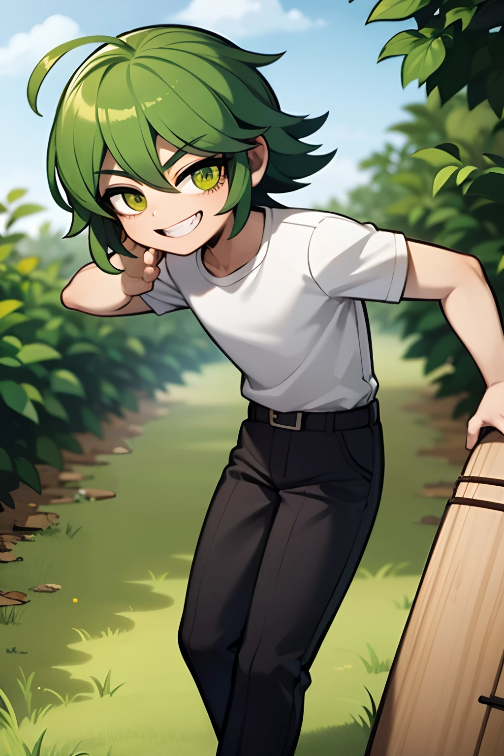 homem adulto, cabelos verdes, cabelos longos, sorridente, vestindo casaco amarelo, black pant, olhos azuis, em uma floresta, explorando, caichoeira ao fundo, 4k