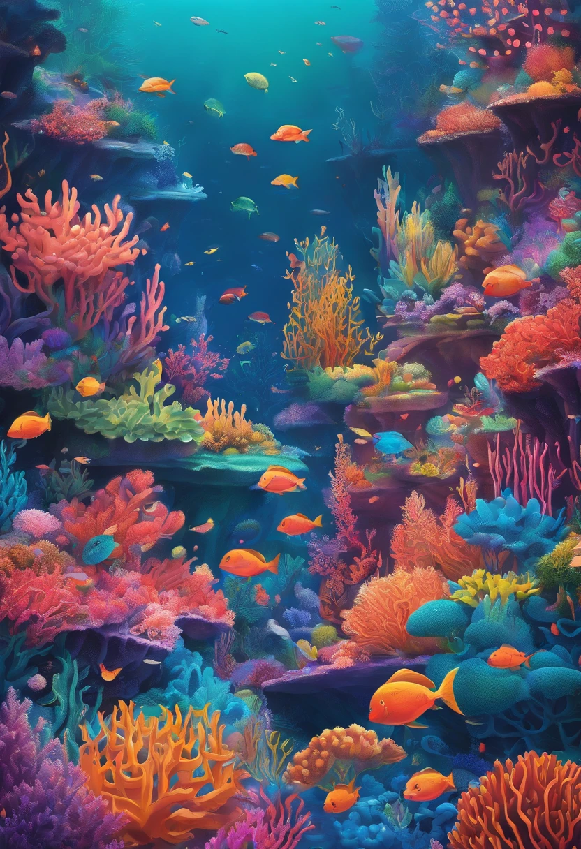 Colorful coral reefs，（（Underwater Kingdom）），Glowing underwater plants，Yayoi Kusama，Dreamy，Dreamlike scenery，Various seabed creatures，Rich in color，Colorful colorful，Castle Palace