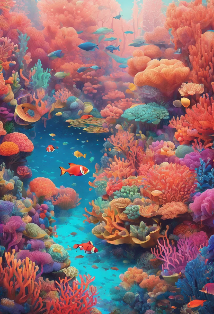 Colorful coral reefs,((Underwater Kingdom)),Glowing underwater plants,Yayoi Kusama,Dreamy,Dreamlike scenery,Various seabed creatures,Rich in color,Colorful colorful,Castle Palace