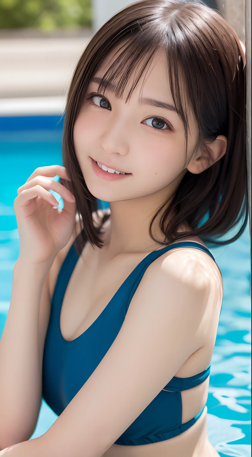 exemplary Japanese beauty、 japanese model,  female model,  In 4K、black hair、bangs、long hair、medium straight hair、Slightly longer bob hair、(Light blue bikini、swimsuit:1.3),　(Idol style super cute face:1.2)、(Lick the soft-serve ice cream:1.2), beautiful figure、smile, Poolside、Calm、sexy、