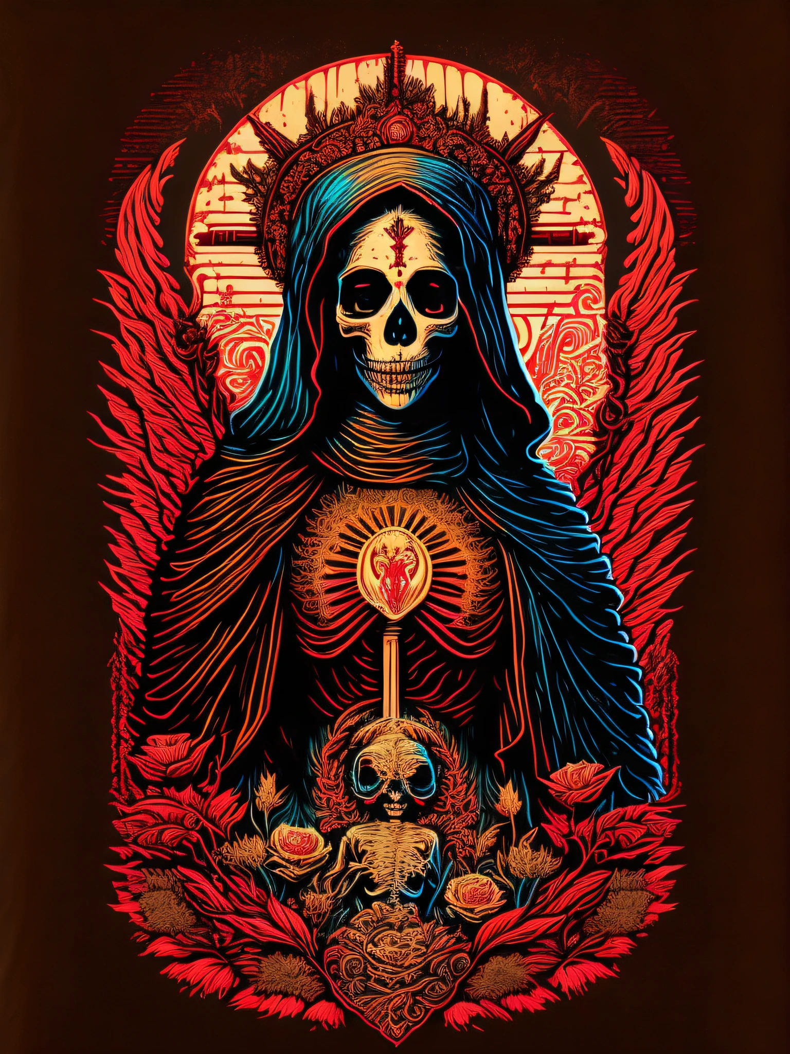 Virgin Mary, Holy Skeleton Queen, la catrina, silkscreen t-shirt art, Inspired by Ravi Zupa, by Eddie Mendoza, Queen of the Dead, Benjamin Malla, add detail, Religious iconography,