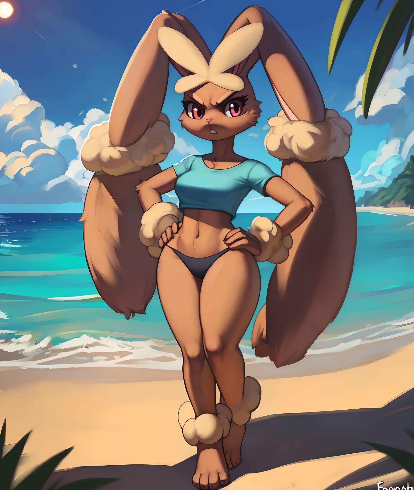 [pokemon; lopunny], [Uploaded to e621.net; (Foxovh), (Pixelsketcher), (mayosplash)], ((masterpiece)), ((HD)), ((High Quality)), ((solo portrait)), ((full body)), ((front view)), ((feet visible)), ((furry; anthro lop bunny girl)), ((detailed fur)), ((cel shading)), ((detailed shading)), ((beautiful render art)), ((cinematic lighting)), {(anthro pokemon; lopunny, brown fur, (long floppy bunny ears), (ears down back like hair), (small fluffy beige rabbit tail), (beige fur on feet), (frown), (angry), (expressionless), (long beige fluffy eyebrows), gorgeous hips}, {(teal tee shirt), (black panties)}, {(standing), (hand on hip), (looking at viewer)}, [background; (beach), (beautiful ocean), (blue sky), (sun rays)]