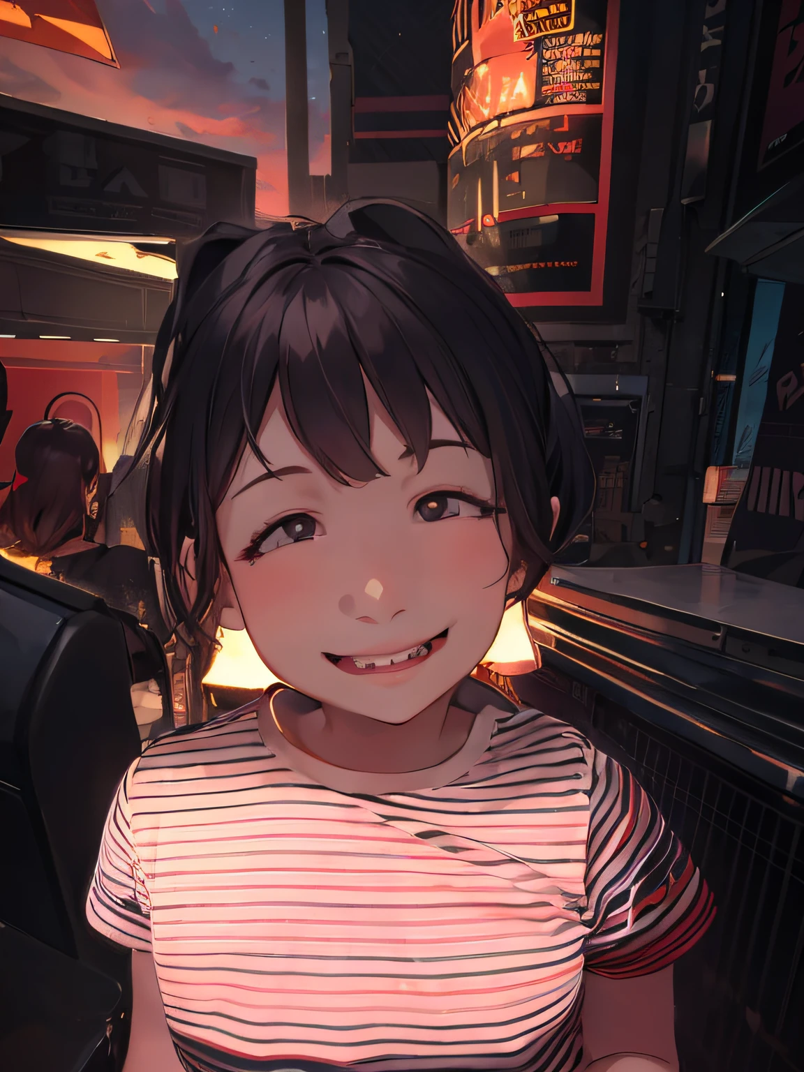 young girl standing, very big smile, she is smiling and happy, big smile on her face, she is smiling and excited, smiling girl, large eyes and menacing smile, very slightly smiling, 5yr old
