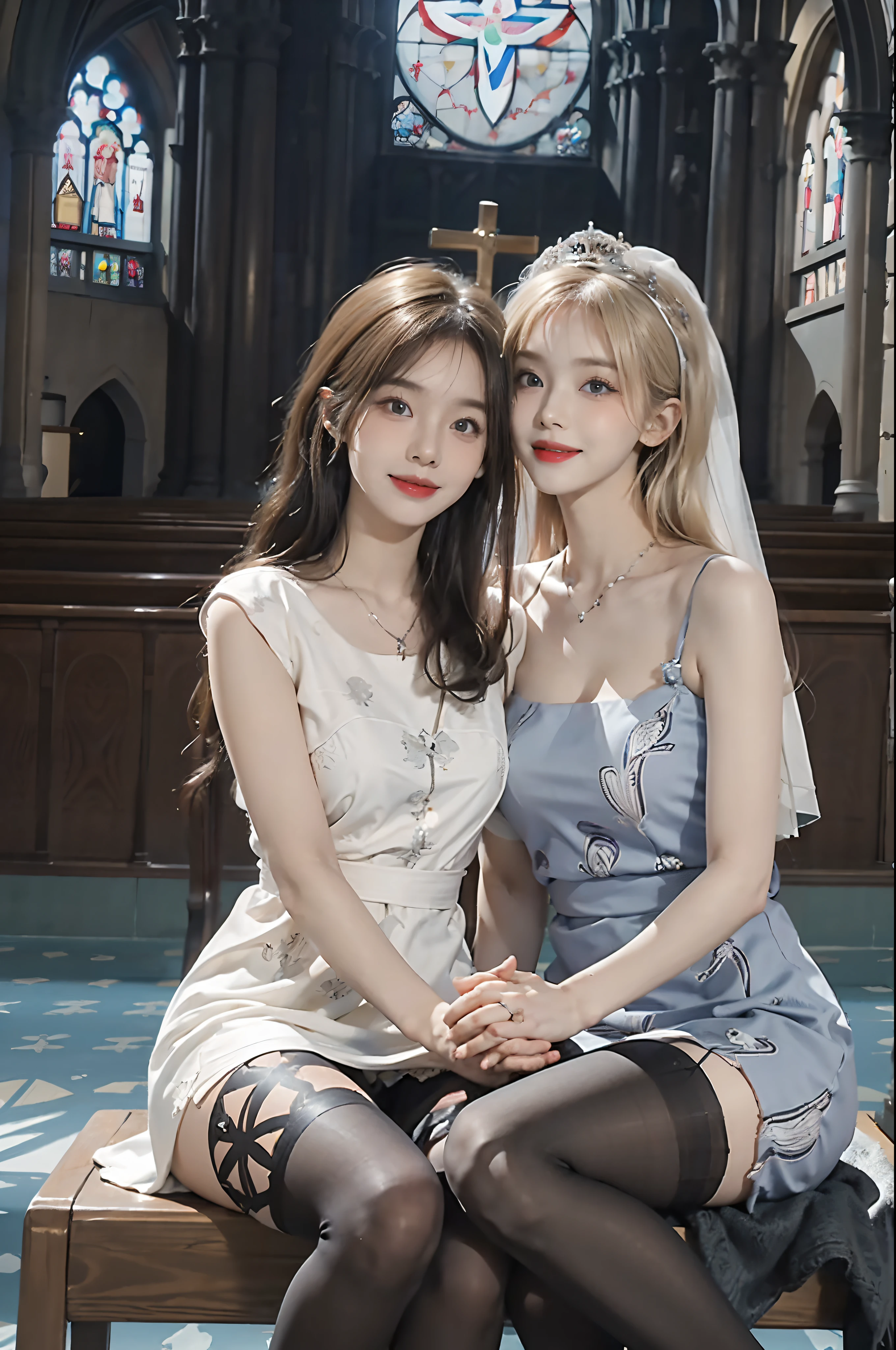 ((top-quality、8K、masterpiece:1.3))、foco nítido:1.2、(realisitic、Photorealsitic:1.37)、Beautiful Face Woman、28 year old、long eyeslashes、Colorcon、Very detailed eyes、Highly detailed eyebrows、(Sharp Eyebrows)、(Thin eyebrows)、((((very vey very detailed face))))、(Full body:1.5),(((1girl in)):1.3),(view the viewer:1.4),((anatomy correct):1.45),((Sitting in the chair of the association):1.2),(Feet to the viewer:1.15),(Shy:1.15),(Snow white dress:1.2),((((((Patterned))))) ,(Pantyhose so thin that you can see through the skin):1.3),(Feet that take up the entire screen:1.1),(Accurate and perfect face:1.3),(blue-eyed blonde:1.2),hyper HD, Ray traching, reflective light, Structurally correct, awardwinning, high detailing, Lighten the shade contrast, Face lighting ,Cinematic lighting, masutepiece, super detailing, High quality, high detailing, Best Quality, 16 K,High contrast、In front of the large statue of Mary and the cross、Church of the Immaculate Conception、 Wedding of a married couple exchanging eternal vows. They are childhood friends who have loved each other for a long time. They take vows before God in a beautiful church. They put rings on each other's fingers and kiss. They smile happily、Surrounded by applause and blessings. They promise to be together forever.