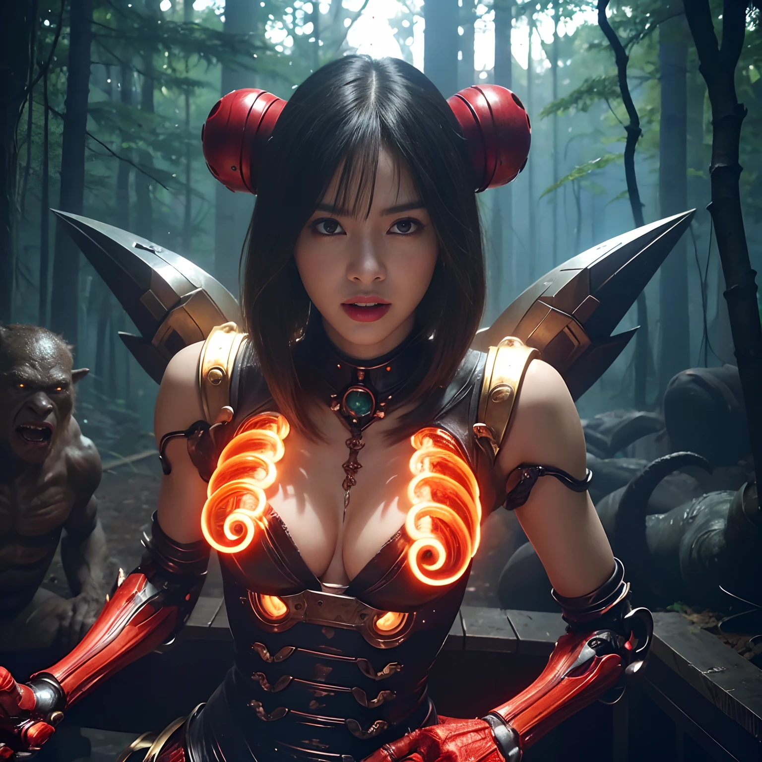 (1 Mechanical Girl)、top-quality、masterpiece、超A high resolution、(Photorealsitic:1.4)、Raw photo、女の子1人、Fight mutants、glowy skin、(((1 Mechanical Girl)))、With a beautiful knife、(Yellow Metal Bodysuit)、(Kobold、ogre、Fierce battle with orcs),(Fight fiercely against aliens)、Fight fiercely、(beautiful forest background)、(Fighting Demonic Beasts)、(Small LED)、((super realistic details))、portlate、(Strong giant demon beast background),globalillumination、Shadow、octan render、8K、ultrasharp、Colossal tits、Raw skin is exposed in cleavage、metals、Details of complex ornaments、Japan details、highly intricate detail、Realistic light、(Mystical expression),CGSoation Trends、Red Eyes、radiant eyes、Facing the camera、neon details、(Mechanical limbs)、(blood vessels connected to tubes)、Mechanical vertebrae attached to the back、mechanical cervical attaching to neck、(Wires and cables connecting to the head)、Gundam、Small LED、,Mechanical thighs、Toostock、(Hands are also made of machines)、(Attack of the Monster Beasts)、(Wounded in a deadly battle)、