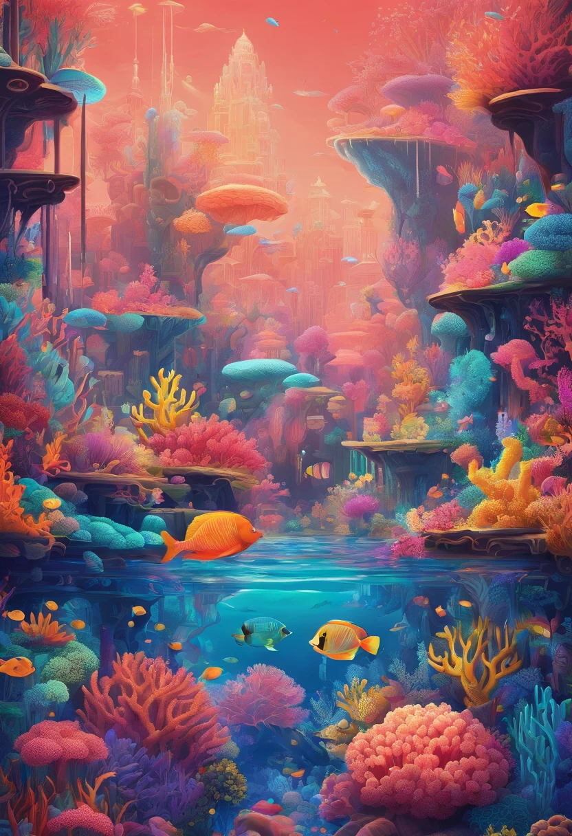 Colorful coral reefs,((Underwater Kingdom)),Glowing underwater plants,Yayoi Kusama,Dreamy,Dreamlike scenery,Various seabed creatures,Rich in color,Colorful colorful,Castle Palace