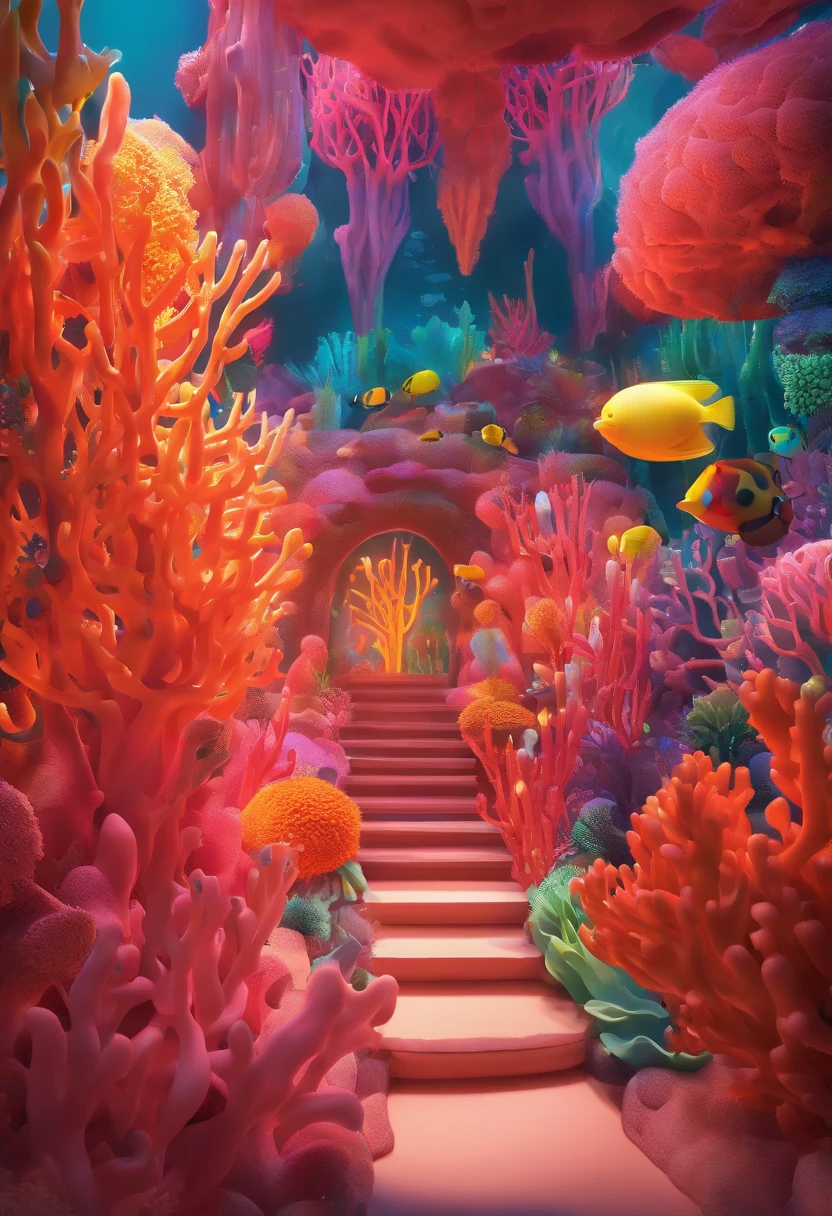 Colorful coral reefs,((Underwater Kingdom)),Glowing underwater plants,Yayoi Kusama,Dreamy,Dreamlike scenery,Various seabed creatures,Rich in color,Colorful colorful,Castle Palace