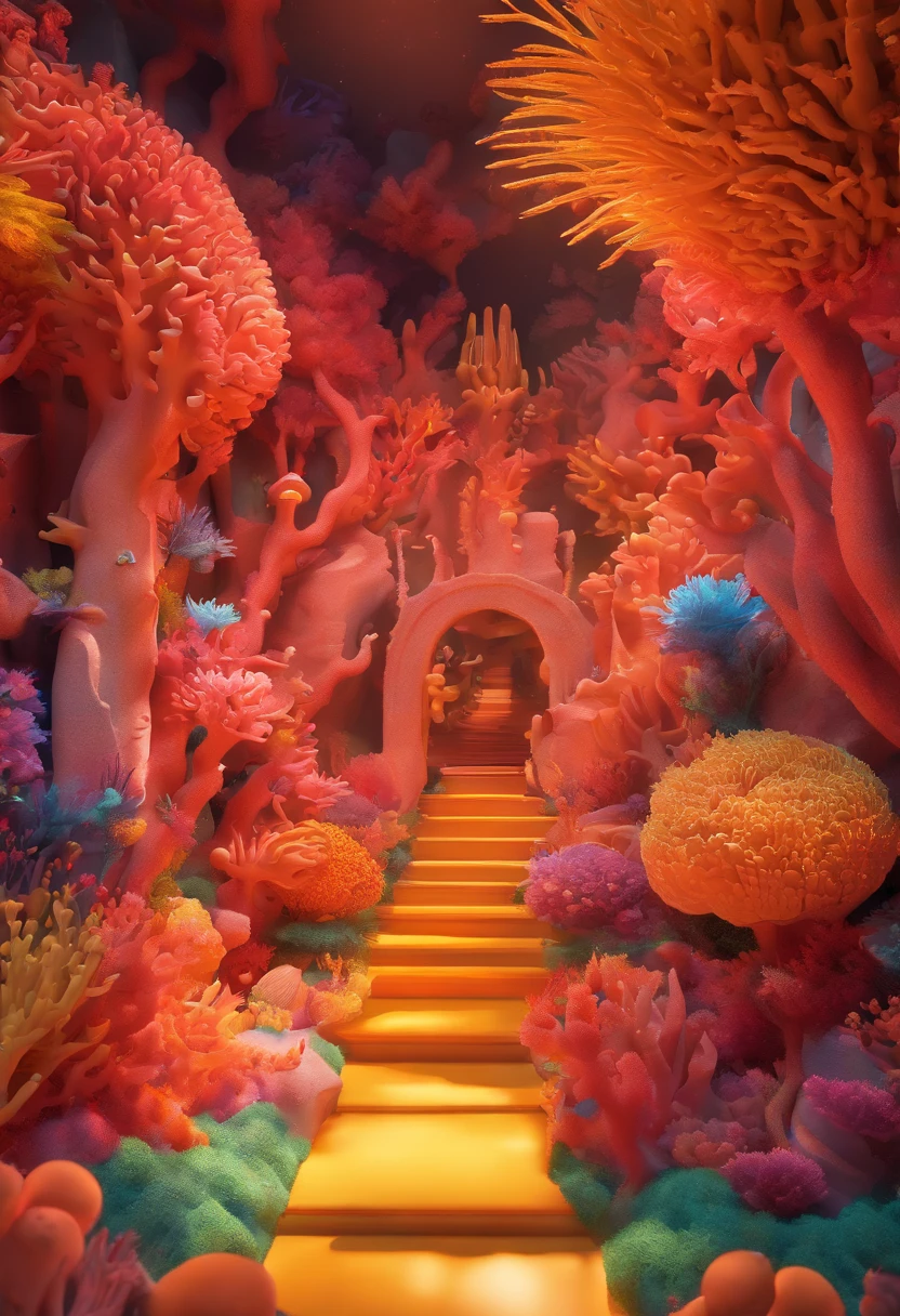 Colorful coral reefs,((Underwater Kingdom)),Glowing underwater plants,Yayoi Kusama,Dreamy,Dreamlike scenery,Various seabed creatures,Rich in color,Colorful colorful,Castle Palace
