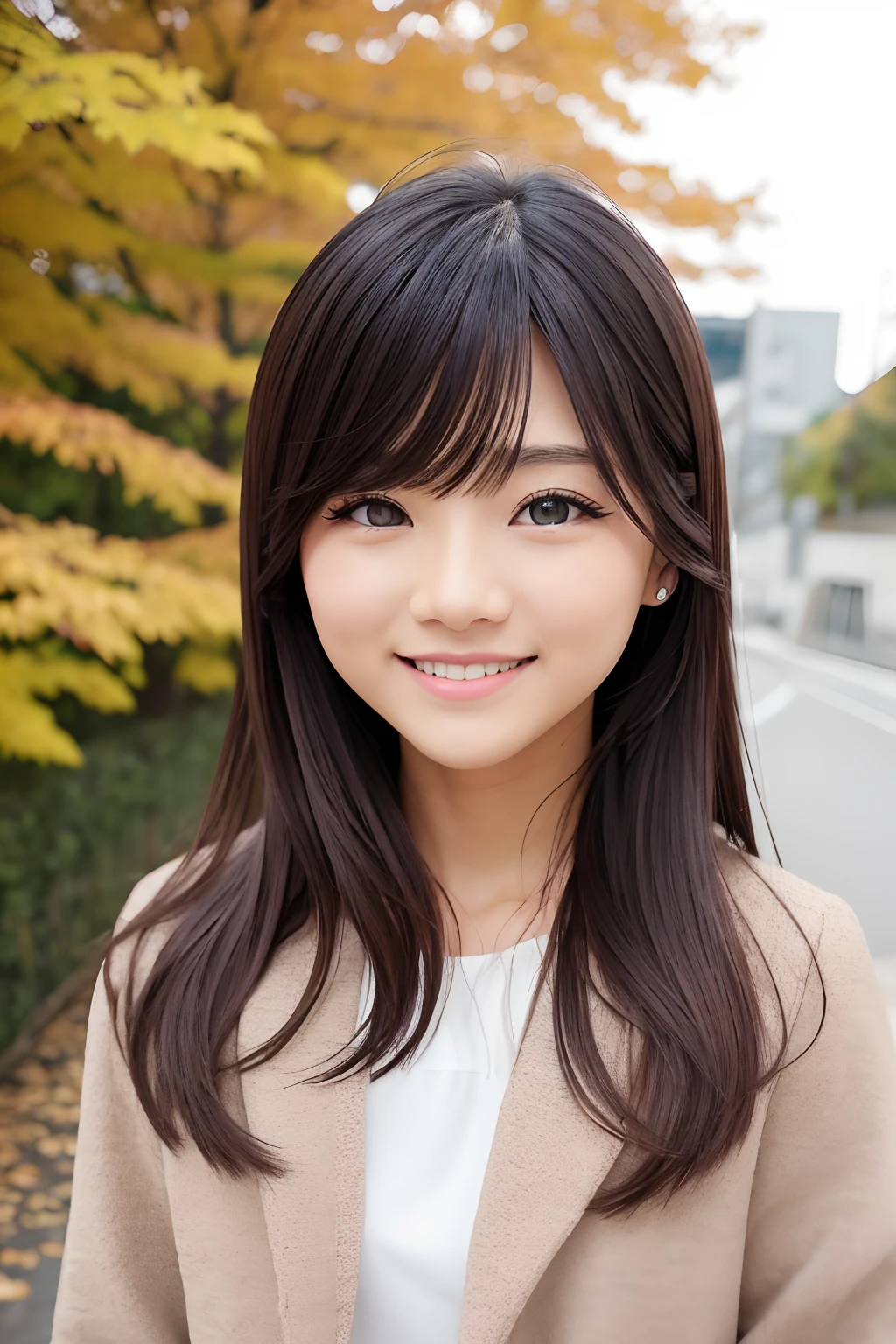 Autumn clothes、coordinate、femele、a smile、big eye、long lashes、photo-like、realisitic
