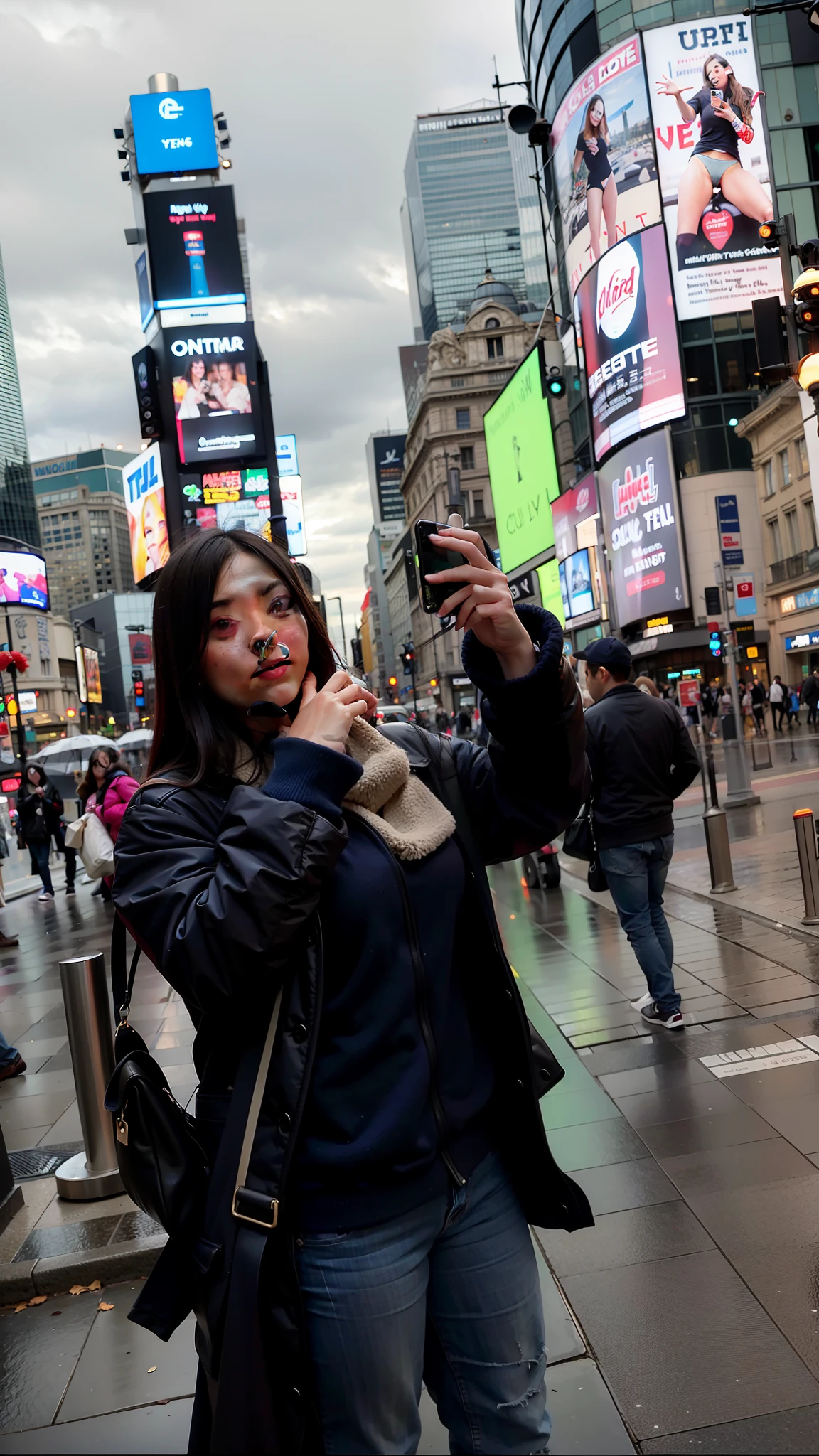 Photo of woman with umbrella taking a photo of a city street with a cell phone, in piccadilly circus Standing in piccadilly circus, Standing in piccadilly circus, in the square of time, Square of Time, In the middle of Montreal, square of weather, In Montreal, In Montreal ,piccadilly circus rainy , Take a photo, take selfies, take a selfie, Image, street photo, Montreal aesthetic, Montreal architecture.