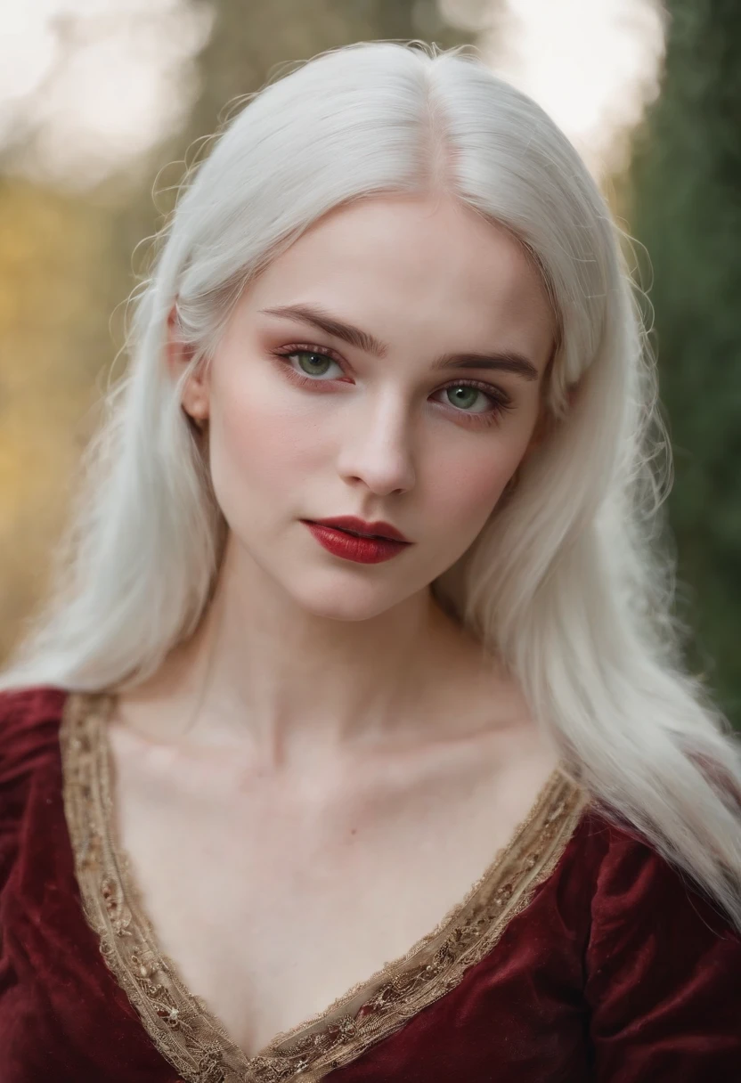 (((a deep reddish wound crosses her left cheek))) fair complexion, woman around 19 years old, natural white hair, distinctive green eyes, wearing kohl, slender and graceful, beautiful, candlelight in a medieval setting, ultra sharp focus, realistic shot, medieval female clothes, tetradic colors (scar:1.4)