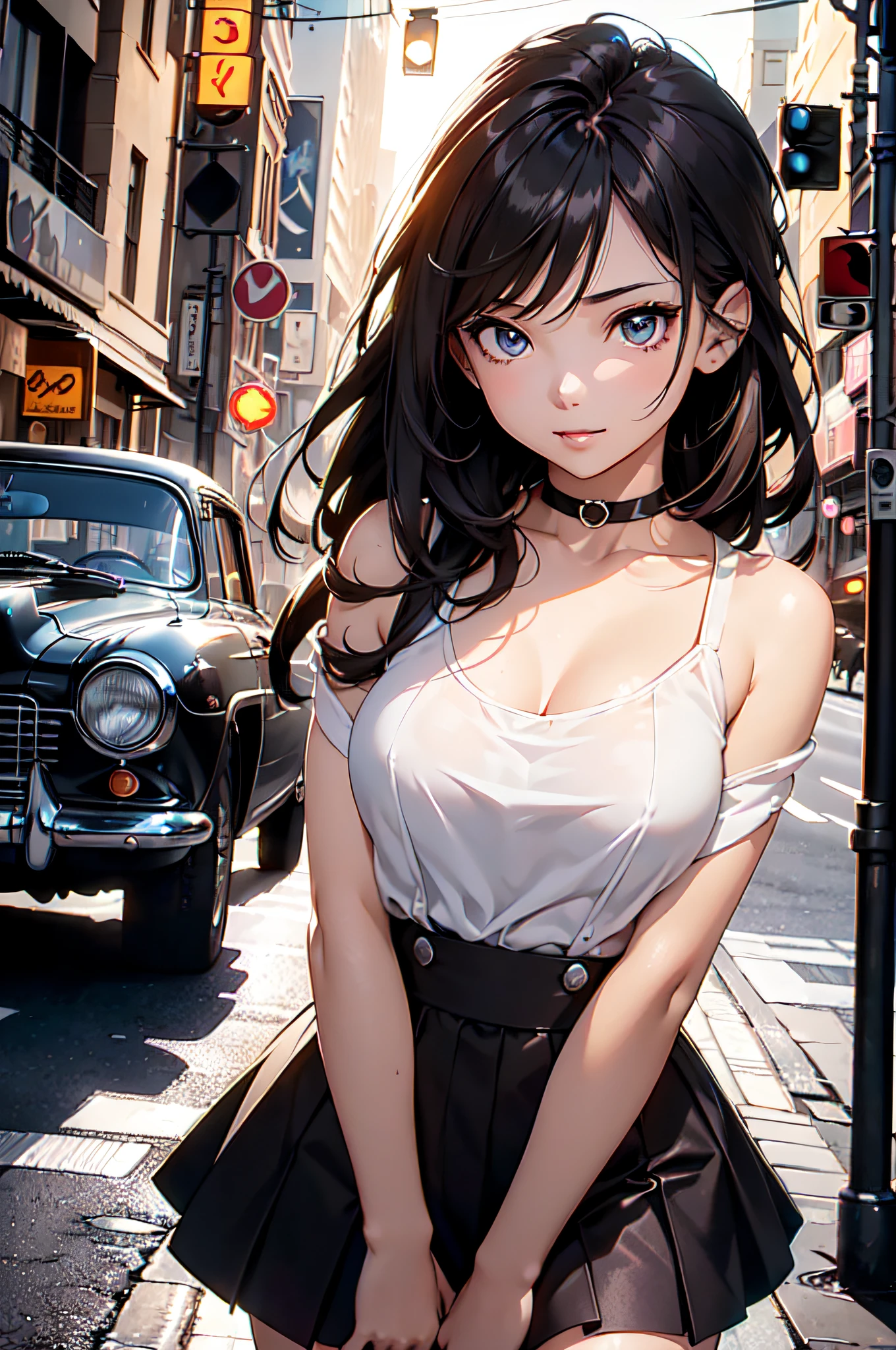 (Official art、Best Quality、Unity 8k Wallpapers、32K、masterpiece、ultra-detailliert、超A high resolution、realisitic、Photorealsitic:1.2)、(Cinematic lighting:1.2)、Fireglow effect、film grains、Best Shadows、Rim lighting、side lights、sideshot、(Ultra-detailed and complex 3D rendering)、Detailed beautiful face and eyes、A slender、Medium bust、(Full body:1.2)、 Highly detailed background、beauitful face、blurry backround、-yeld beiful girl、(super detailed skin、detailed skin textures:1.3)、chestnut bristles、Brown-eyed、Hip Hop Cable、off shoulders、jumper skirt、Black stockings、(thighs thighs thighs thighs:0.8)、Knitted sandals、City at night、Open your mouth and smile gently、a choker、dynamicposes、(Classic car on woman background、Woman illuminated by headlights:1.2)