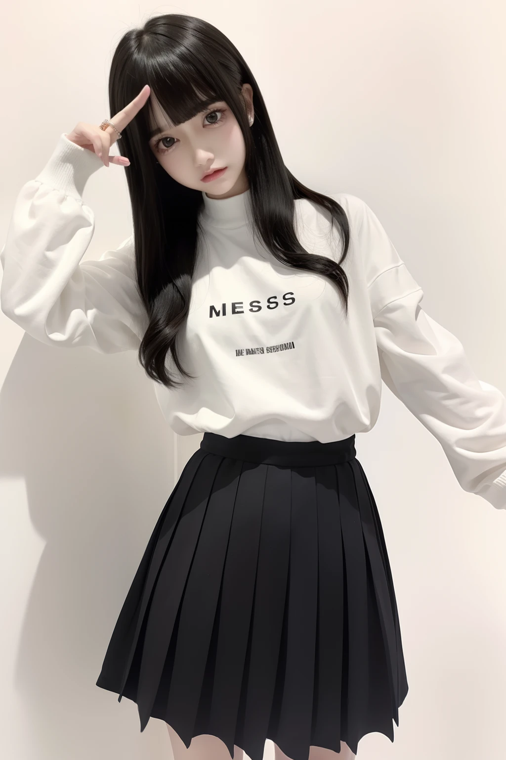 top-quality、8K、32K、masterpiece、nffsw:1.2)、1girl in、One girl、A dark-haired、Heavy bangs、long sleeved shirt、length hair、Mini Pleated Skirt、Cute clothes、Focus on the face、White wall background、Thin leg