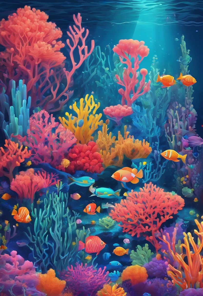 Colorful coral reefs，（（Underwater Kingdom）），Glowing underwater plants，Yayoi Kusama，Dreamy，Dreamlike scenery，Various seabed creatures，Rich in color，Colorful colorful，Castle Palace