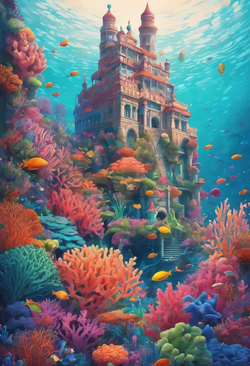 Colorful coral reefs,((Underwater Kingdom)),Glowing underwater plants,Yayoi Kusama,Dreamy,Dreamlike scenery,Various seabed creatures,Rich in color,Colorful colorful,Castle Palace