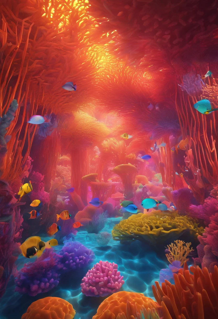 Colorful coral reefs，（（Underwater Kingdom）），Glowing underwater plants，Yayoi Kusama，Dreamy，Dreamlike scenery，Various seabed creatures，Rich in color，Colorful colorful，Castle Palace