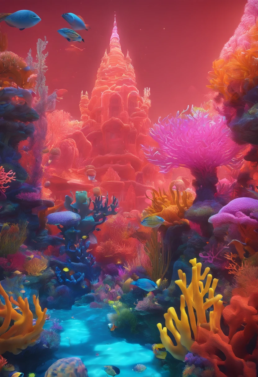 Colorful coral reefs，（（Underwater Kingdom）），Glowing underwater plants，Yayoi Kusama，Dreamy，Dreamlike scenery，Various seabed creatures，Rich in color，Colorful colorful，Castle Palace