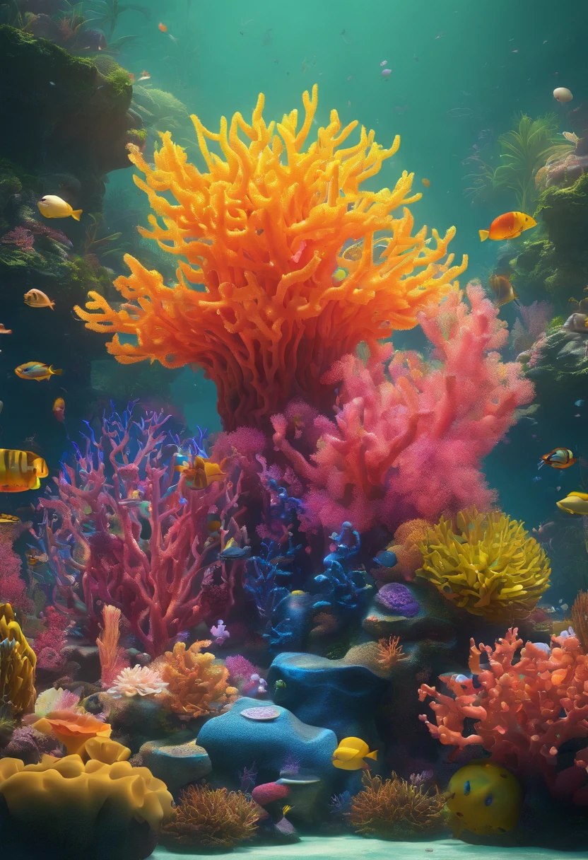 Colorful coral reefs，（（Underwater Kingdom）），Glowing underwater plants，Yayoi Kusama，Dreamy，Dreamlike scenery，Various seabed creatures，Rich in color，Colorful colorful，Castle Palace