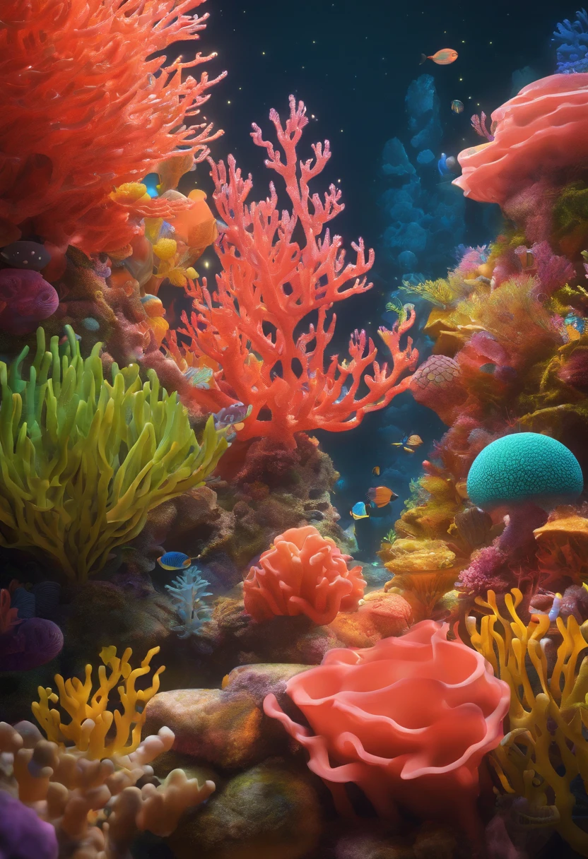 Colorful coral reefs，（（Underwater Kingdom）），Glowing underwater plants，Yayoi Kusama，Dreamy，Dreamlike scenery，Various seabed creatures，Rich in color，Colorful colorful，Castle Palace