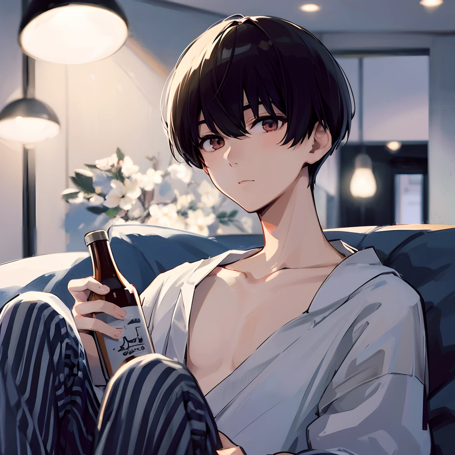 Japanese anime, beautiful young man, dark hair, bowl cut, cute loungewear, relaxing in room, drinking alone, lights on,high quality, amount of drawing, pixiv illustration